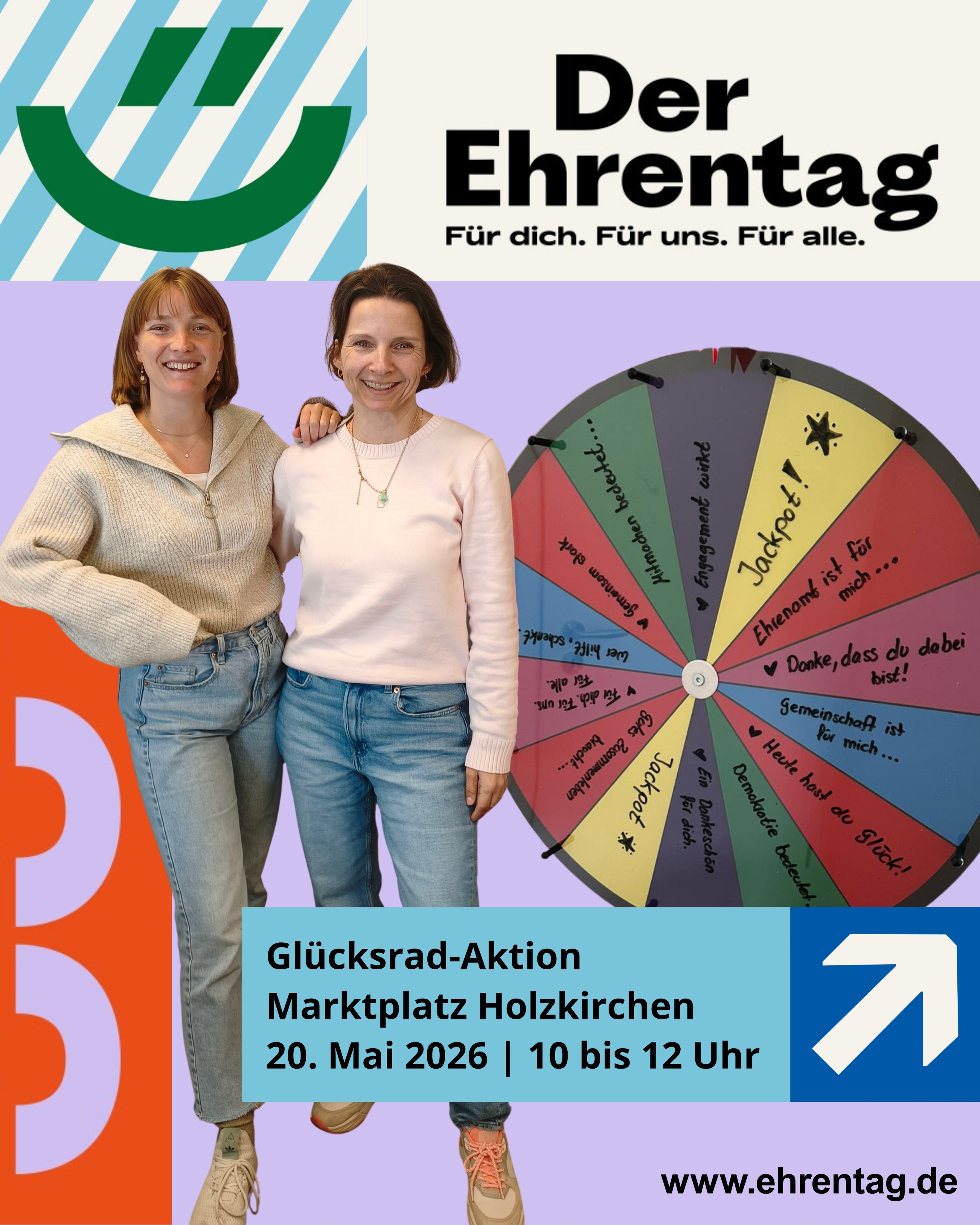 Demokratie lebt vom Mitmachen. 💛
Deshalb feiern Menschen in ganz Deutschland rund um den 23. Mai den Ehrentag. Der bundesweite Mitmachtag erinnert daran, wie wichtig Engagement, Zusammenhalt und Beteiligung für unsere Gesellschaft sind.
Auch wir sind dabei und laden euch herzlich zu unserer Glücksrad-Aktion auf dem Wochenmarkt in Holzkirchen ein. 🎡
Dreht am Glücksrad, gewinnt fair gehandelte Produkte aus dem Holzkirchner Eine-Welt-Laden und verratet uns mit einem Wort, was Ehrenamt und Demokratie für euch bedeuten.
Aus allen Wörtern entsteht im Laufe des Vormittags eine bunte Wortkette, die zeigt, was Menschen mit Ehrenamt und Demokratie verbinden. ✨
Mit dabei sind auch die Freiwilligenagentur HELP der Bürgerstiftung Holzkirchen, der BUND Naturschutz, die Tafel Holzkirchen und die Holzkirchner Behindertenbeauftragten.
📍 Marktplatz Holzkirchen
📅 20. Mai 2026
🕙 10:00 bis 12:00 Uhr
Wir freuen uns auf euch.
Für dich. Für uns. Für alle. 💛
Die Glücksrad-Aktion wird auch durch das Bundesprogramm „Engagierte Stadt“ unterstützt, das die Vernetzung von Zivilgesellschaft, Kommune und Wirtschaft stärkt.
@tafel83607
@bn_hoki
@buergerstiftung_holzkirchen
@behindertenbeauftragten_hoki
#Ehrentag #Ehrenamt #Holzkirchen #Demokratie #Mitmachen #GemeinsamStark