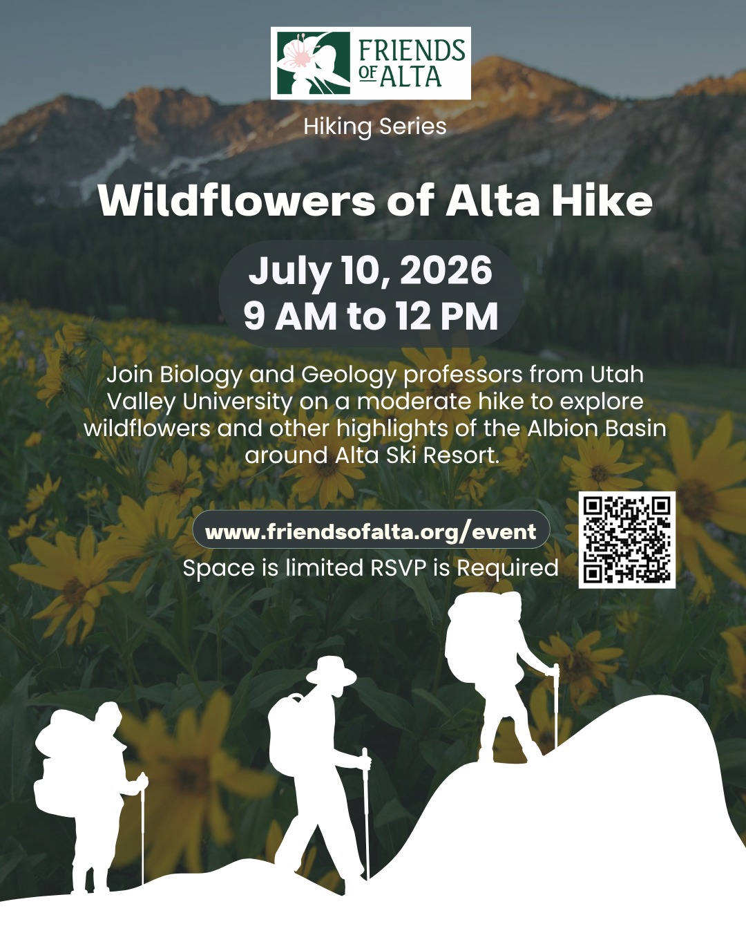 🔥 New Event!
Join Biology and Geology professors from Utah Valley University on a moderate hike to explore wildflowers and other highlights of the Albion Basin around Alta Ski Resort. The hike will include many stops to explore flowers and plants, to seek wildlife, and to discuss the geologic setting of a “textbook” example of beautiful mountain scenery created by glaciers.
After the hike, join us for sandwiches and cookies, and please bring a reusable water bottle for drinks.
Space is limited so RSVP is required. While attendance is free, we encourage donations to support ongoing efforts to protect Alta and preserve its beauty for generations to come. A suggested donation of $10 per person helps continue this important work.
Link in bio or https://events.humanitix.com/foa-hiking-series-wildflower