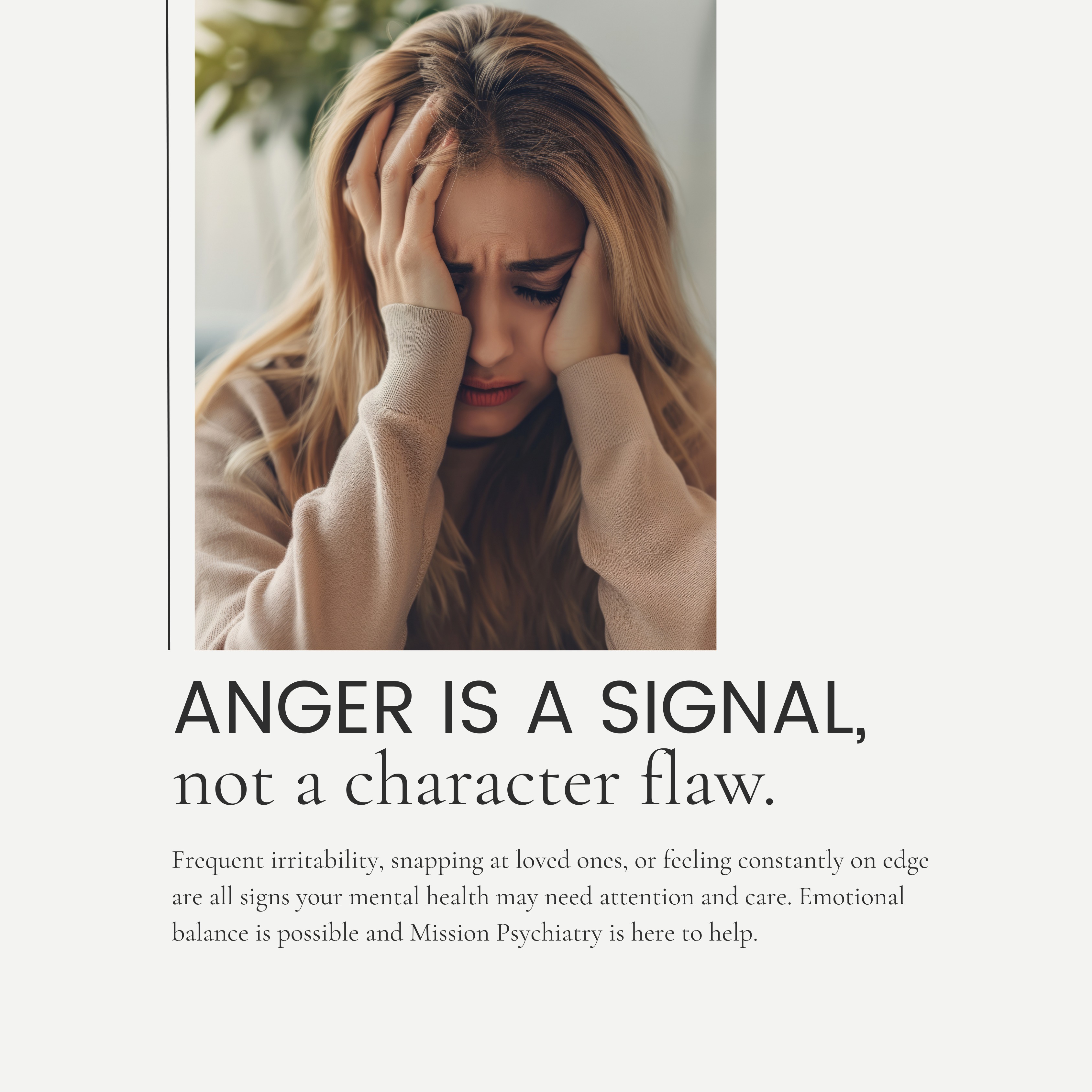 Anger is a normal human emotion, but when it begins affecting your relationships, parenting, physical health, or daily peace of mind, it may be time to seek support. Many people struggling with anger are actually experiencing underlying stress, depression, trauma, or emotional overwhelm. Warning signs can include frequent irritability, explosive reactions, feeling constantly on edge, or saying things you later regret. Healthy coping skills such as practicing deep breathing, improving sleep, and learning emotional regulation techniques can help, but you don’t have to manage it alone. Seeking help is not a sign of weakness. It's a step toward understanding your emotions and building healthier ways to respond. Our office is here to provide compassionate support and tools to help you feel more in control and at peace.