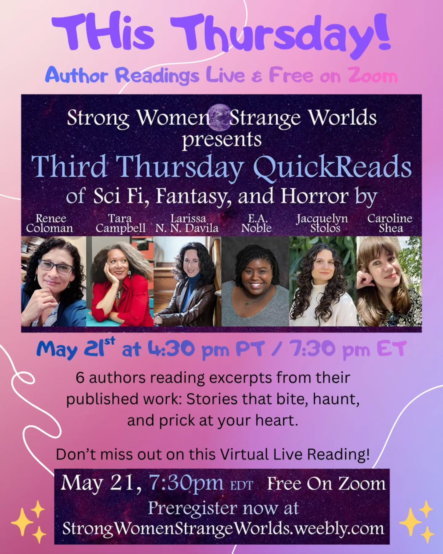 It's a mash up of horror, sci-fi, and fantasy!
Join us for tomorrow's live virtual event where authors of speculative fiction will read excerpts from their published work.
Free on Zoom! May 21st at 430 pm PT / 730 pm ET.
Register at StrongWomenStrangeWorlds.weebly.com
See you there tomorrow!!
#fictionfun
#livereadings
#bookish
#storiesthatbite
#SWSWQR