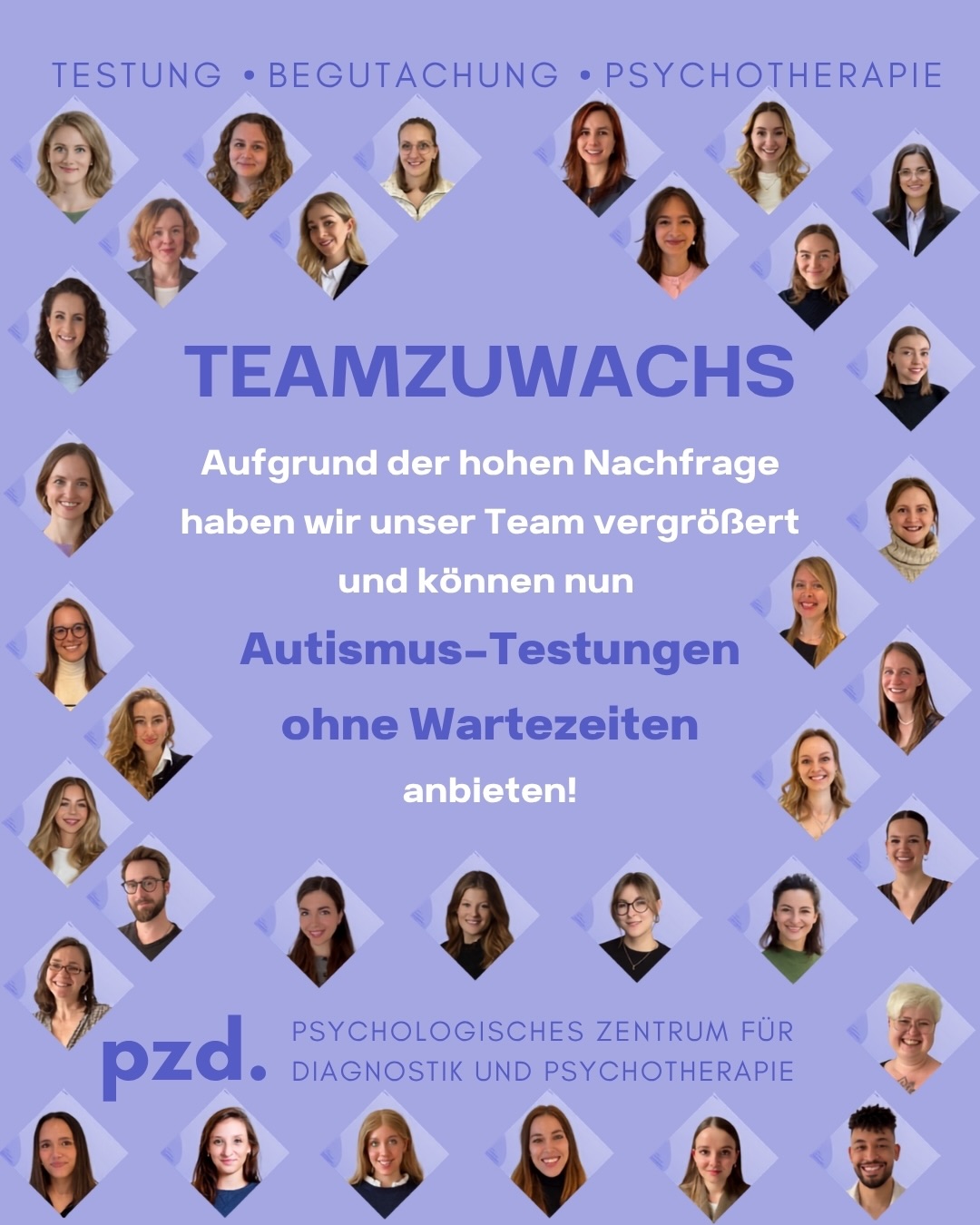 Es gibt Neuigkeiten! Unser Team aus PsychologInnen und PsychotherapeutInnen wächst und wächst. Wir freuen uns, euch deshalb wieder zeitnahe Termine für Autismus-Testungen anbieten zu können.
Euer PZD-Team
#autismus #autismusspektrumstörung #autismusdiagnostik #psychologischediagnostik