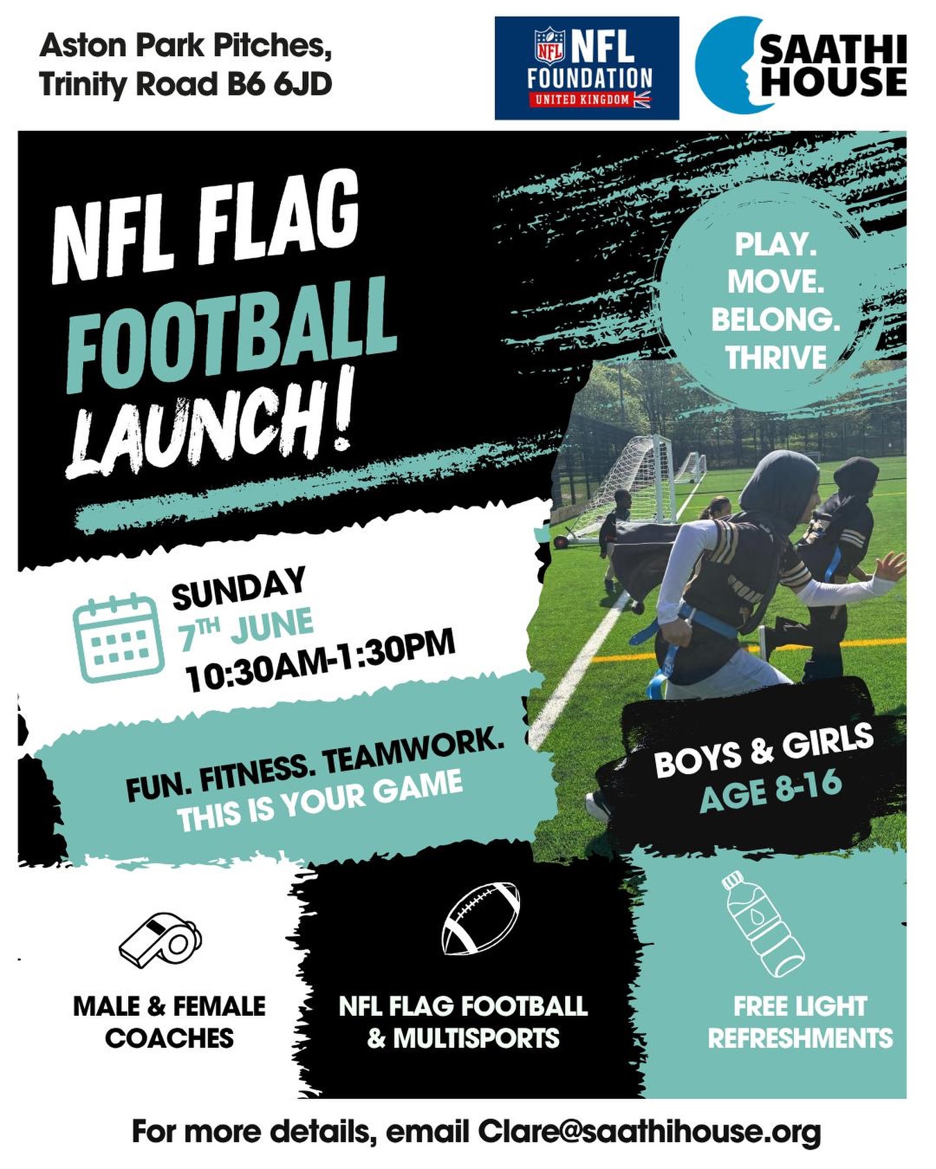 🏈🔥 BIG NEWS, BIRMINGHAM! 🔥🏈
NFL Flag Football is coming to Aston Park!
Get ready for an action-packed day of fun, teamwork and new friends 💪🏽🙌🏽
📍 Aston Park Pitches
📅 Sunday 7th June
⏰ 10:30am-1:30pm
👧🏽🧒🏽 Ages 8–16
🥤 Free refreshments included!
This is YOUR game. Are you ready to play? 🏃🏽♂️🏃🏽♀️
A big THANK YOU to @nfluk for funding the project!
#NFLFlag #BirminghamEvents #YouthSports
