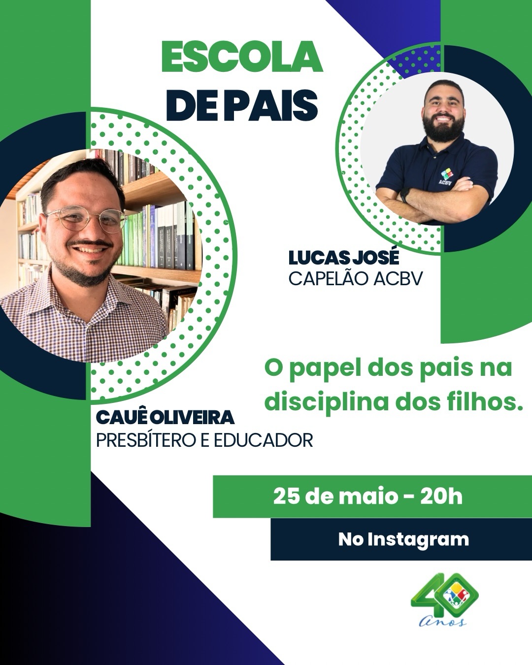 📢 Convite especial para toda a família ACBV!
No dia 25/05, às 20h, teremos mais uma Escola de Pais ACBV, com o Pr. Lucas José, capelão da ACBV, e a participação do Presb. Cauê Oliveira, cristão, esposo de Bia, pai de Carolina, Clarice, Caio e Ana, presbítero da Igreja Presbiteriana da Cohama e fundador da Domus Paideia.
Tema: “O papel dos pais na disciplina dos filhos”
Uma conversa fundamentada na cosmovisão cristã para fortalecer as famílias na missão de educar os filhos com sabedoria e graça.
🗓️ 25 de maio
⏰ 20h
📍 Ao vivo no Instagram da ACBV
Convide sua família e participe!
#EscolaDePais #FamíliaACBV #EducaçãoCristã #DisciplinaBíblica #ACBV