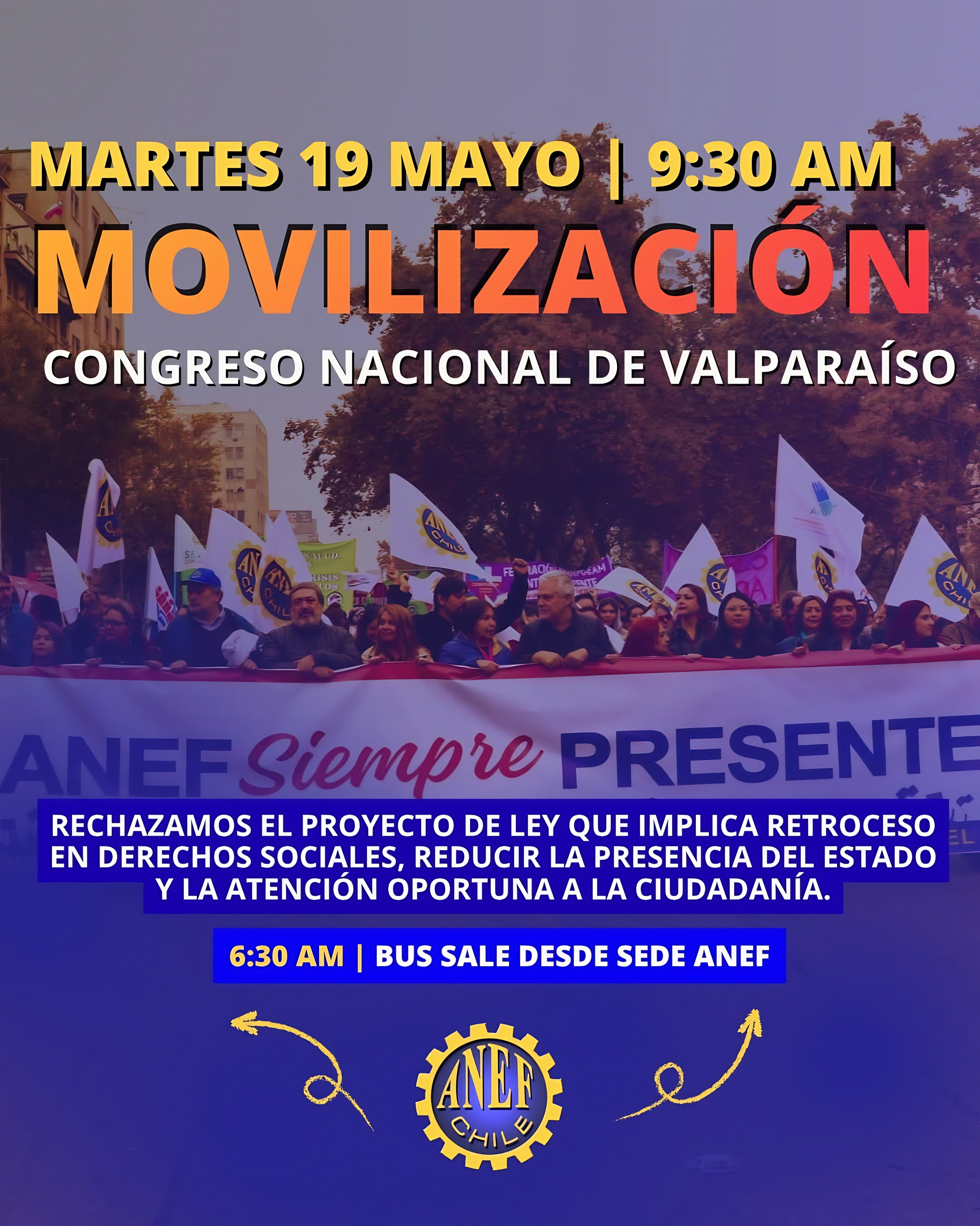 📢 Como ANFINE NOS SUMAMOS este martes 19 de mayo, a la convocatoria de ANEF de movilizarnos al Congreso Nacional, en Valparaíso: "No al Plan de Reconstrucción Nacional"
#ANFINE #DefensaFunciónPública #ANEF #NoAlPlanDeReconstrucción #DerechosSociales #ReducciónFiscal #RecortesPresupuestarios
www.anfine.cl
