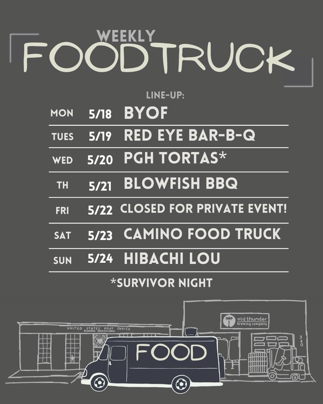 Another week, another incredible food truck lineup! 🚚 Today is BYOF so grab your favorite bites and come hang with us in the taproom — we’ll handle the drinks!
Note that we’re closed Friday, 5/22 for a private event, but we’ve got plenty of other days to see you. Cheers! 🙌