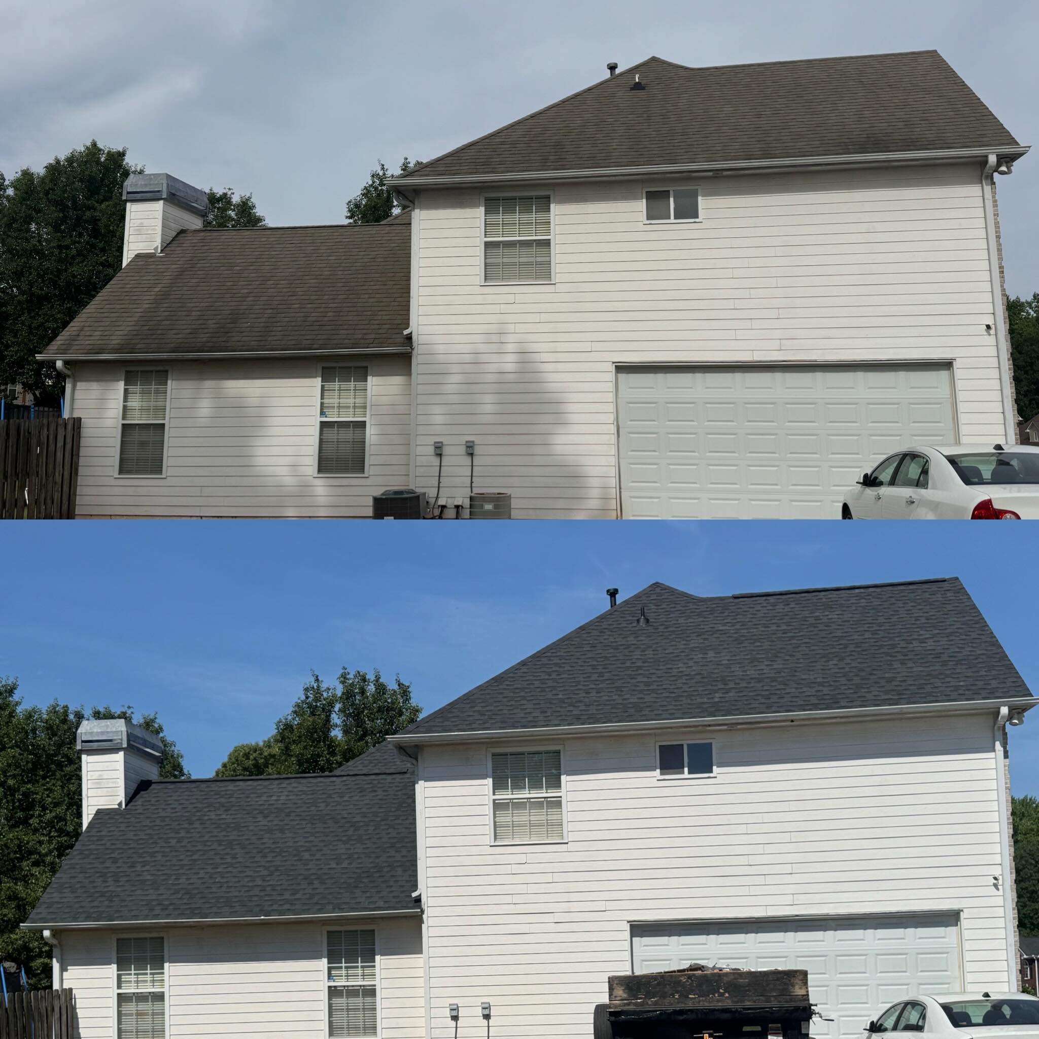 Before and after photos of a New GAF Timberline HDZ Charcoal Natural Shadow Shingle Installment…