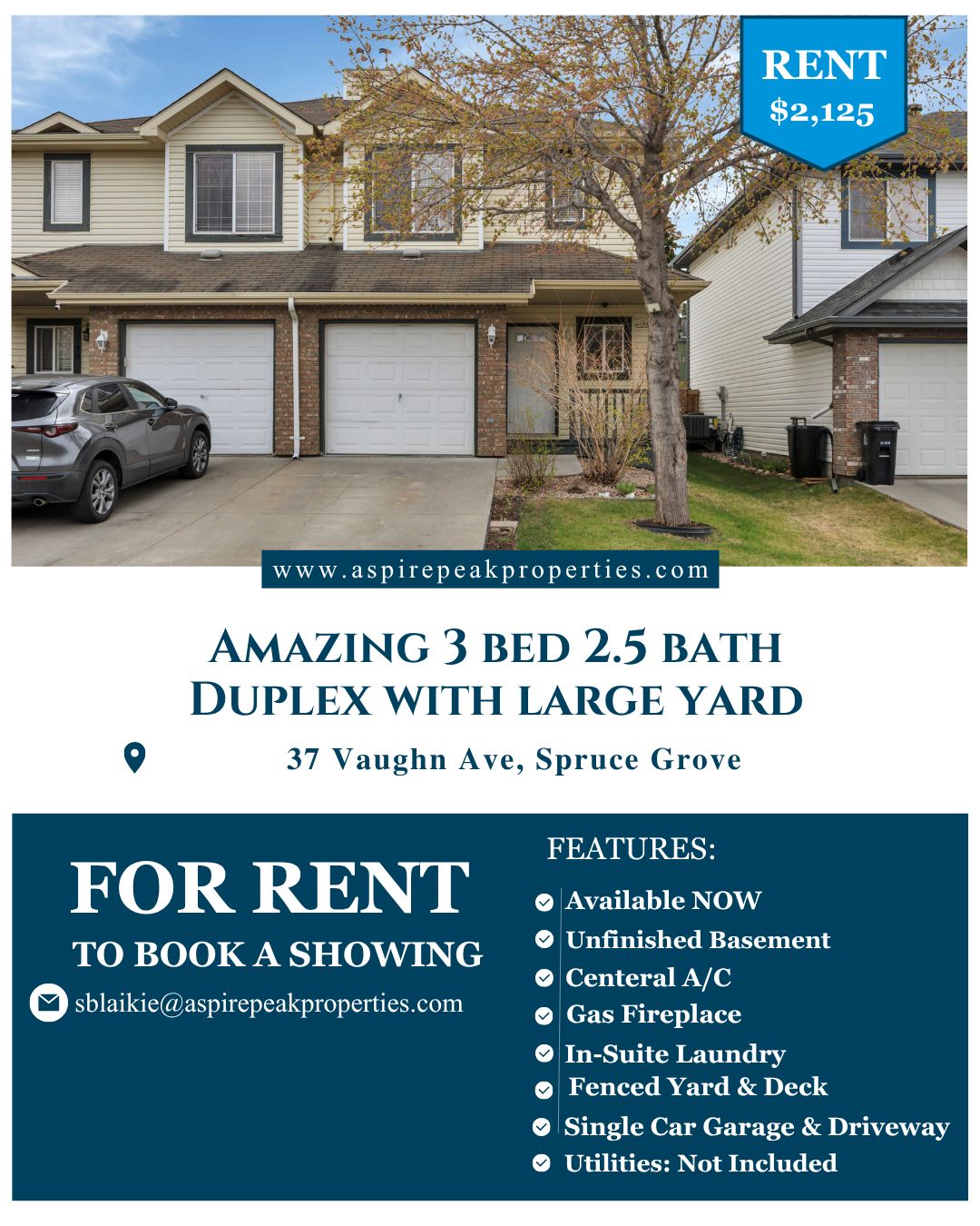 Perfect family living in Spruce Grove! 🏡
This amazing 3-bed, 2.5-bath duplex in Spruce Village is ready for your family! Modern kitchen with stainless steel appliances, an unfinished basement for storage or future projects, and that HUGE fenced yard with a deck? It's basically a backyard paradise for kids and pets. Central A/C and a gas fireplace keep you comfortable year-round. 🌳
✅ 3 Bedrooms + 2.5 Bathrooms
✅ Modern Kitchen with Stainless Steel Appliances
✅ Unfinished Basement (storage potential!)
✅ Central A/C & Gas Fireplace
✅ In-Suite Laundry
✅ Large Fenced Yard with Deck
✅ Perfect for Kids & Pets 🐾
✅ Single Car Garage & Driveway
Available NOW
$2,125/month | Utilities not included
Ready to make Spruce Grove home? 📧 sblaikie@aspirepeakproperties.com
#SpruceGrove #FamilyHome #DuplexLiving #Alberta #PetFriendly #LargeYard #AspirePeakProperties