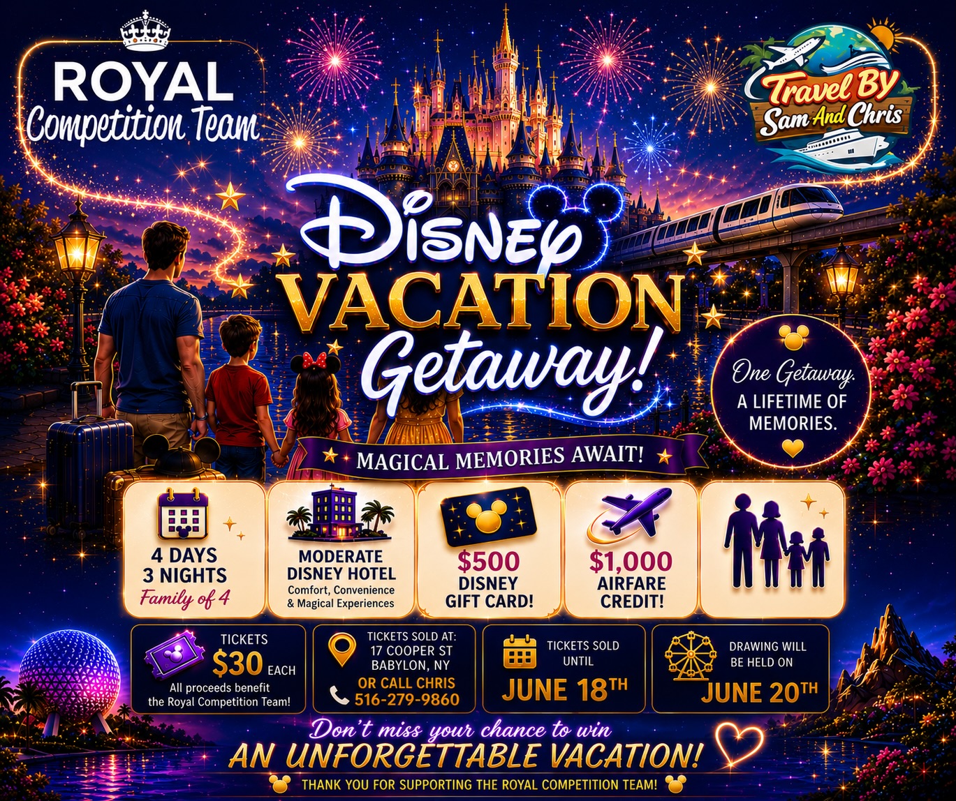 ✨ We’re excited to share that our Royal Competition Team is hosting a special fundraiser, and we’d love your support. Every ticket purchased (cash only) directly helps our dancers continue doing what they love, training, performing, and representing our studio with pride. ✨
This fundraiser not only supports our team, but also gives families and friends a chance to win an amazing Disney Vacation Getaway. It’s a fun, meaningful way to contribute to our dancers’ journey.
Your participation, whether by purchasing tickets or helping spread the word, truly makes a difference. Thank you for always showing up for our dancers and helping us create opportunities they’ll remember for a lifetime.
Together, we make the magic happen! 💜👑