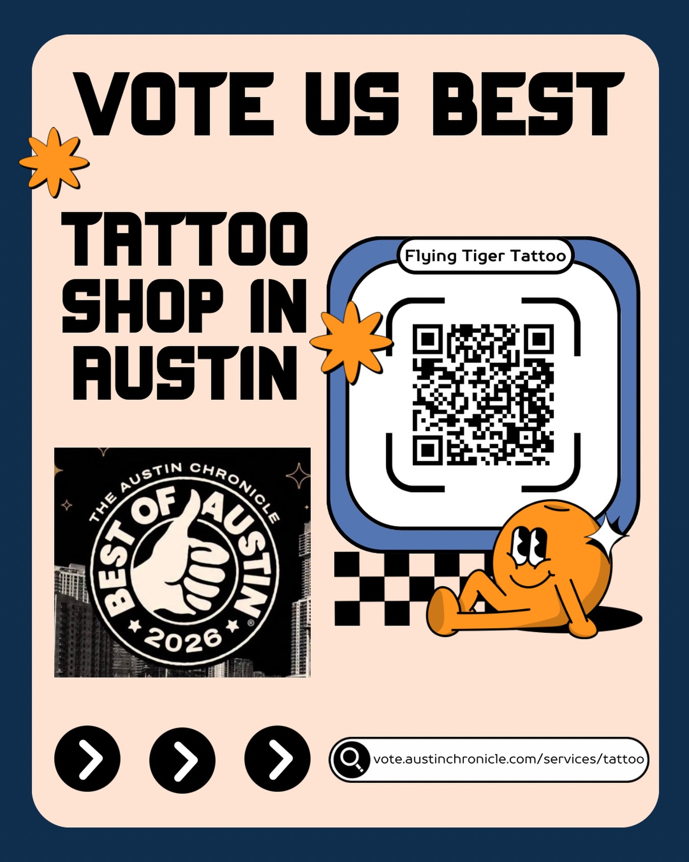 THE FINAL COUNTDOWN BEGINS!
JUST 24hrs TO VOTE!!
WE ARE FINALIST for Best of Austin 2026 and we’d love your support!!
You can nominate us for Best Tattoo by:
• Clicking the link in our bio (or comments)
• Scrolling to Services → Tattoo
• Selecting Flying Tiger Tattoo
(Quick sign-in required to submit your vote!)
VOTING ENDS AT MIDNIGHT MAY 18
Best of Austin Winners announced June 18 in The Austin Chronicle
We appreciate everyone who takes the time to support our artists. It means everything to us!!!
TELL US IF YOU VOTED!