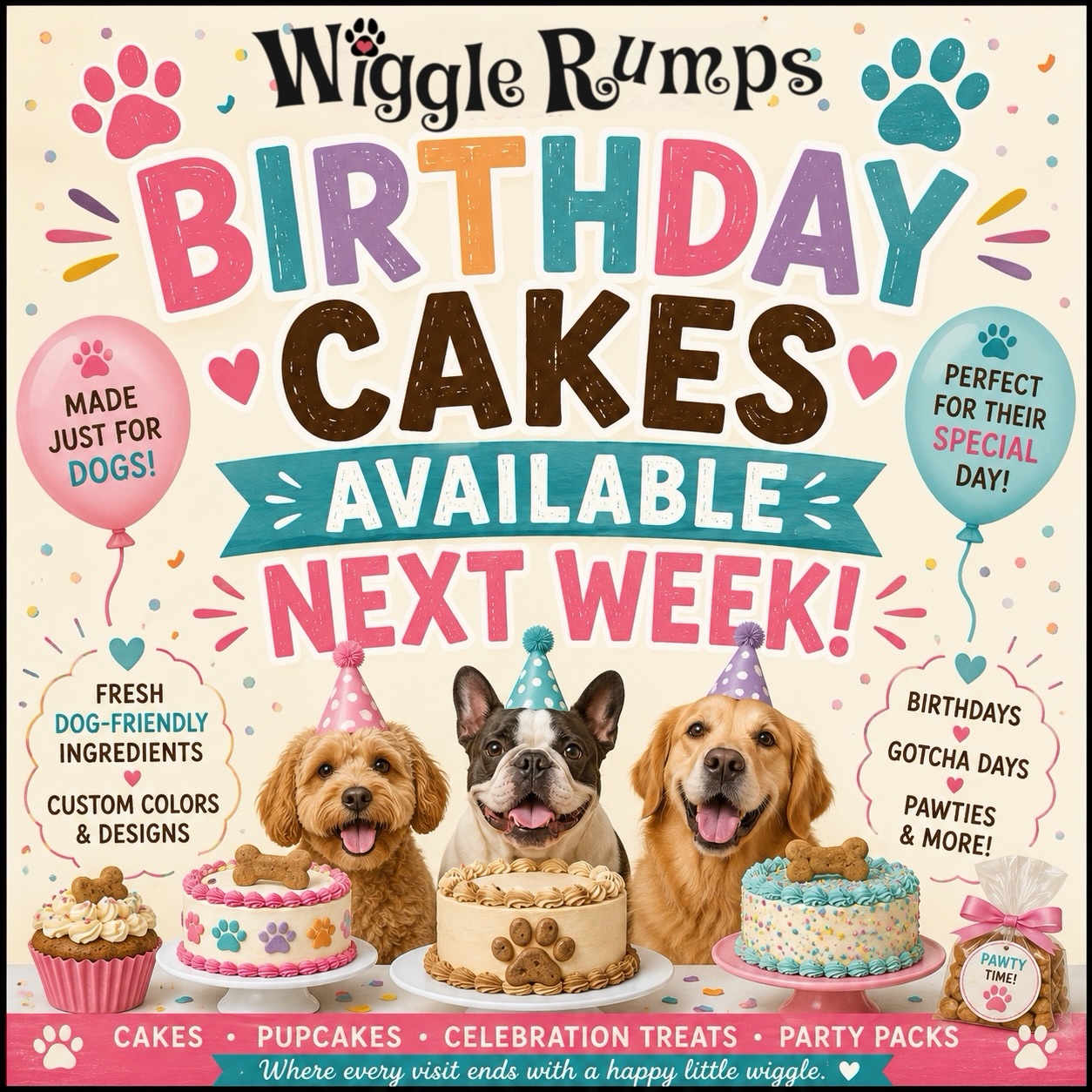 🎂🐾 BIG ANNOUNCEMENT FROM WIGGLE RUMPS ReTaiL 🐾🎂
After hiring others to make our cakes… I finally came to a realization…
✨ @mistishortcakes is BACK in business ✨
…but this time, not for the humans. 😉
These handcrafted cakes are now being made exclusively for the fur babies — because our pets deserve to celebrate too! 🐶💕
Made with natural, pet-loving ingredients and created with the same creativity, love, and attention to detail that @mistishortcakes has always been known for.
Birthday Cakes • Gotcha Day Cakes • Celebration Treats • Custom Pup Cakes 🎉
Available exclusively at Wiggle Rumps ReTail
STARTING MAY 25th, 2026!
Because every celebration deserves a happy little wiggle. 🐾
#WiggleRumpsReTail #MistiShortCakes #DogBirthdayCake #PetBakery #SpoiledDogs CastroValley DogMom DogBirthday NaturalDogTreats FurBabyApproved