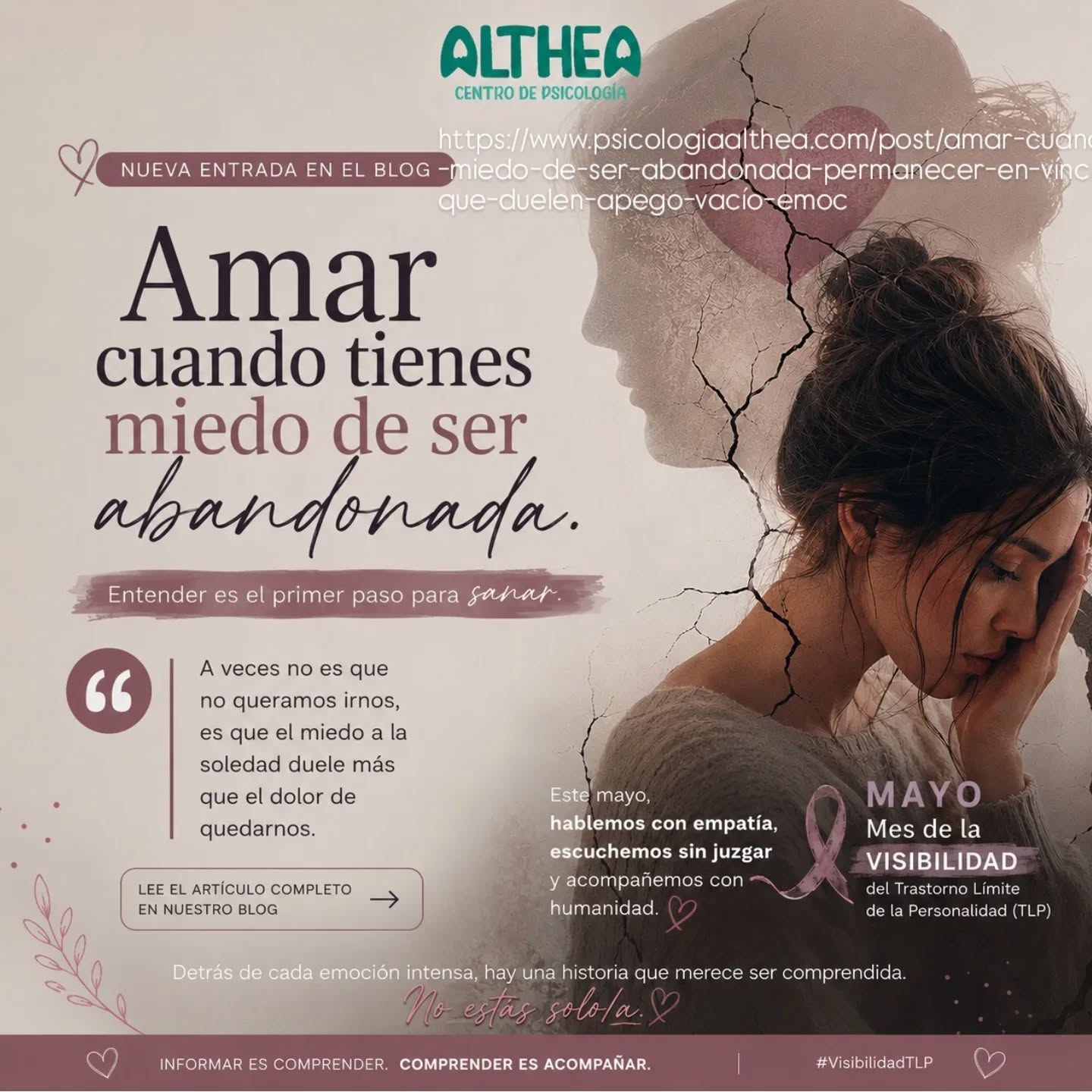A veces quedarse en un vínculo que duele no significa falta de amor propio.
A veces significa miedo profundo a sentirse abandonada, sola o emocionalmente vacía.
En el mes de la visibilidad del Trastorno Límite de la Personalidad (TLP), en Centro de Psicología Althea queremos hablar de aquello que muchas personas viven en silencio:
el miedo a perder vínculos, la intensidad emocional, la culpa, el apego y la necesidad de sentirse amadas sin miedo.
Nueva entrada en nuestro blog:
“Amar cuando tienes miedo de ser abandonada”
Un artículo humano, clínico y reflexivo sobre:
🩶 apego emocional
🩶 miedo al abandono
🩶 relaciones que duelen
🩶 vacío emocional
🩶 TLP y vínculos afectivos
Porque detrás de muchas emociones intensas, también existe una historia que merece comprensión y acompañamiento.
Puedes leerlo en: https://www.psicologiaalthea.com/post/amar-cuando-tienes-miedo-de-ser-abandonada-permanecer-en-vínculos-que-duelen-apego-vacío-emoc