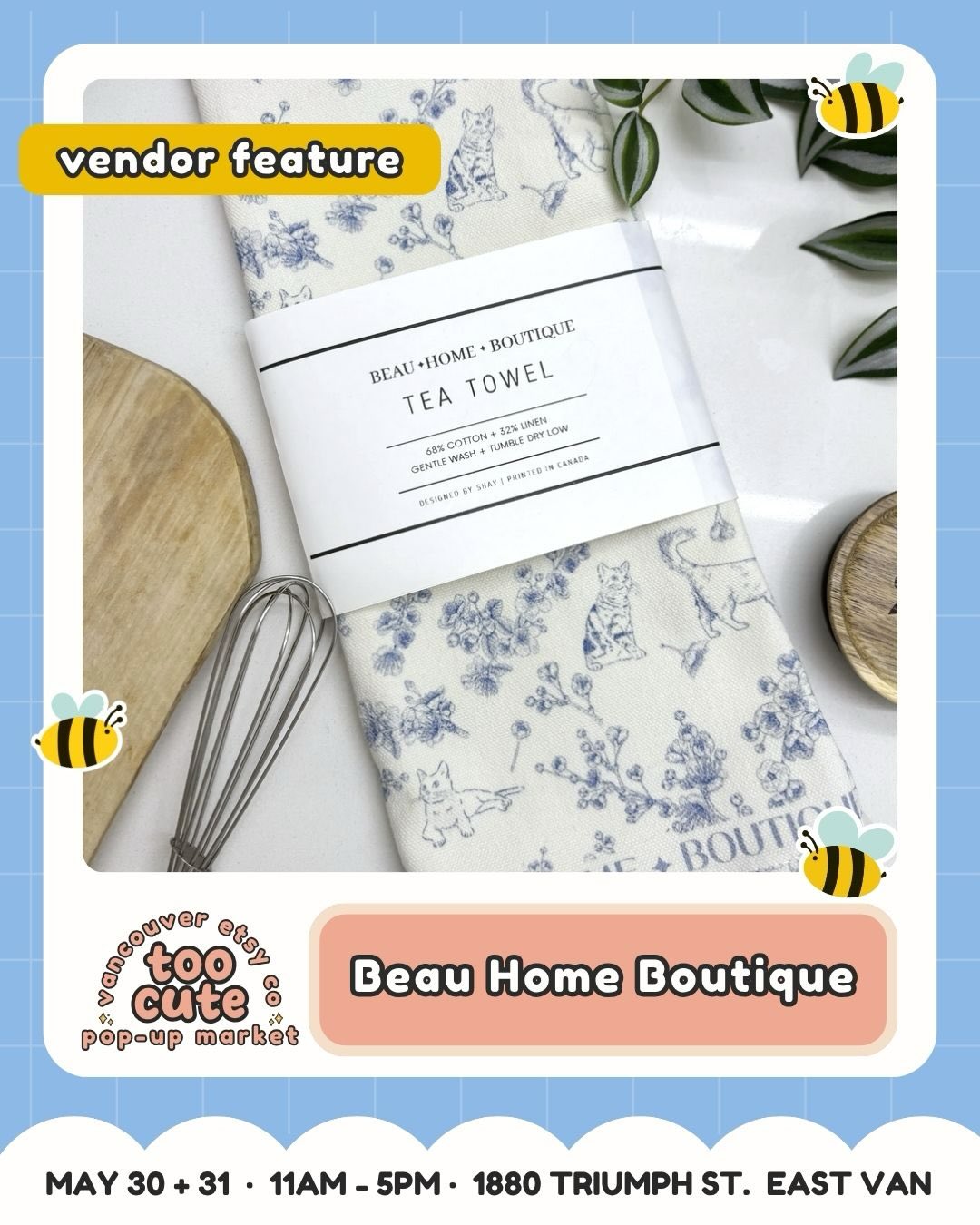 Add this booth to your must-visit list 💕
Meet Beau Home Boutique @beauhomeboutique — bringing greeting cards, art prints, tea towels, soy wax candles + mugs to TOO CUTE.
Their vibe? Eco-Friendly Home Decor Meets Aesthetic Coziness. Come say hi, browse their creations, and make a day of it with us in East Van.
🎟️ Want the ticket link? Comment TICKETS and we’ll send it straight to your DMs.
Tickets are just $3 and good for both days | Kids 12 + under FREE
💰 Buy early = more chances to win market cash + swag!
For every 100 tickets sold, we’ll draw for market cash or swag to spend at the market.
💙 50% of ticket proceeds benefit Backpack Buddies Canada + Quest Non-Profit Grocery Market.
🎭 Come in costume for a bonus ballot! Keep it family-friendly and you’ll be entered to win a prize package.
🗓️ Sat May 30 + Sun May 31 | 11am–5pm
📍 Maritime Labour Centre, 1880 Triumph St, East Van
🐶 Pet-friendly + fully accessible
🎀 Comment TICKETS to grab yours!
#VancouverEtsyCo #TooCuteMarket #VancouverMarket #VancouverMakers #EastVan