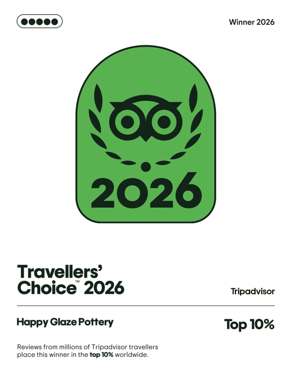 WE DID IT 😭✨
Happy Glaze Pottery has officially been awarded Tripadvisor’s Travellers’ Choice 2026 🤍
This means we’re ranked within the top 10% of attractions worldwide based on your reviews, ratings and support 🥹
As a small independent studio, this honestly means the absolute world to us. Every booking, review, photo, recommendation and kind comment has helped us get here ✨
Thank you for choosing to spend your birthdays, catch ups, date nights, family days, celebrations and quiet creative moments with us 🎨☕️🥂
We are so unbelievably grateful for every single one of you 🤍
And if you’ve visited us before and haven’t yet left a review on Google or Tripadvisor, we’d still absolutely love to hear from you 🫶
THANK YOU 😭✨
#HappyGlazePottery #TripadvisorTravellersChoice #SupportSmallBusiness #PotteryPainting #Top10Percent