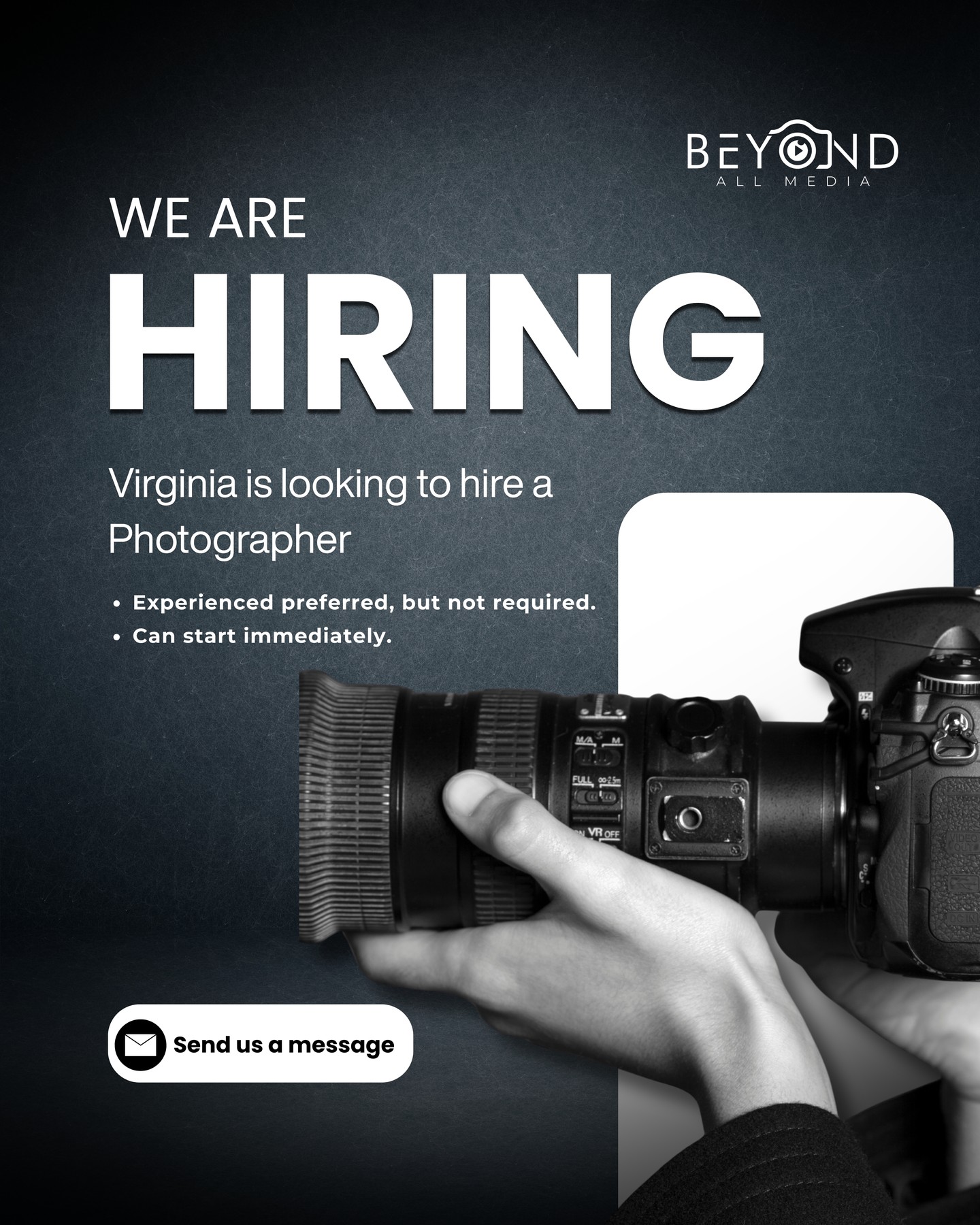 We’re hiring photographers and videographers! 📸🎥
Beyond All Media is growing in Richmond, VA and Greenville, SC and we’re looking for creative, dependable talent to join our team.
Interested? Send us a message for more information.
#NowHiring #PhotographerJobs #VideographerJobs #RealEstatePhotography #BeyondAllMedia
