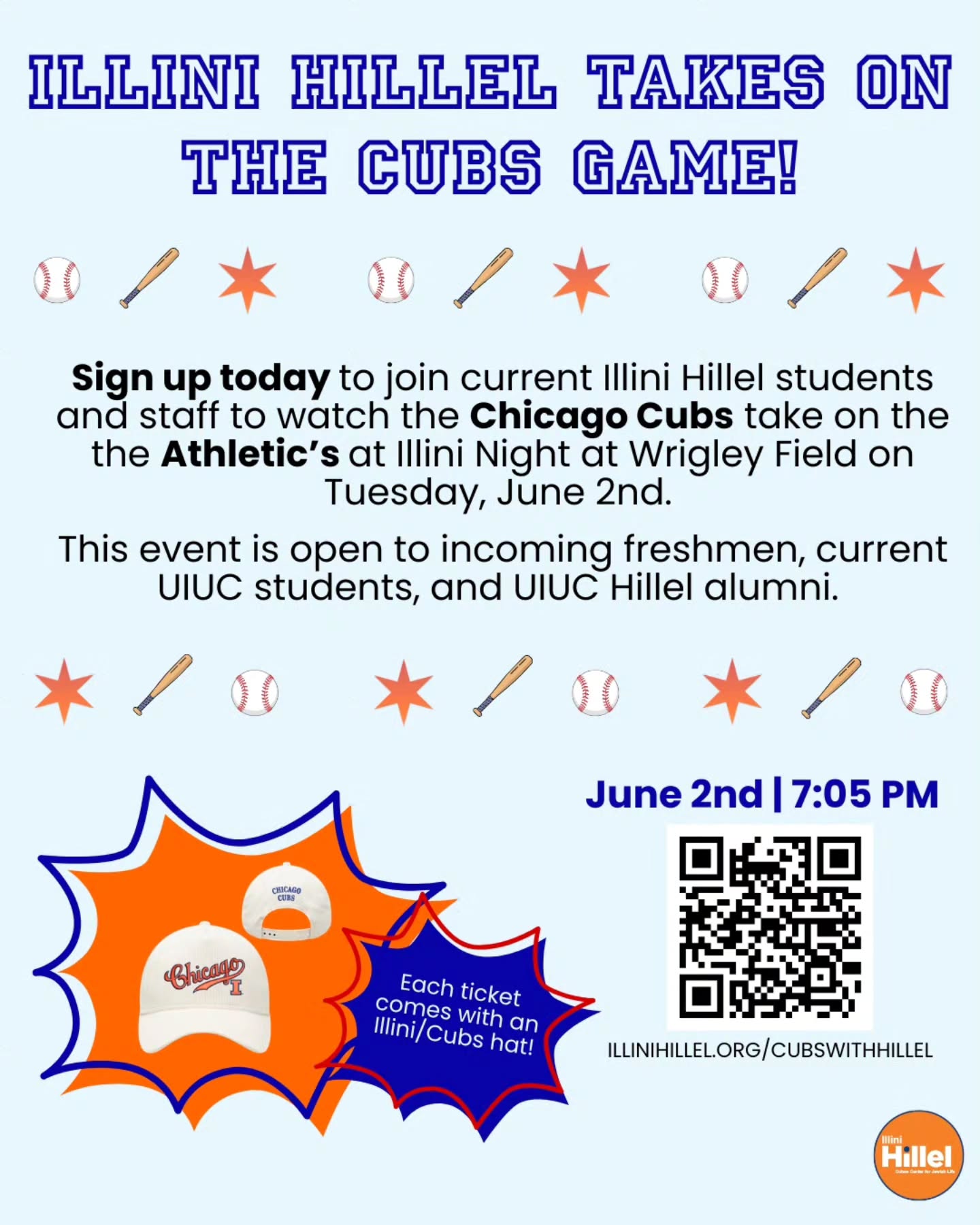 Join us for Illini Night at Wrigley Field, Tuesday June 2nd! Open to incoming students, current students and alumni!
Come show your Illini pride and watch the Chicago Cubs take on the Athletics!
