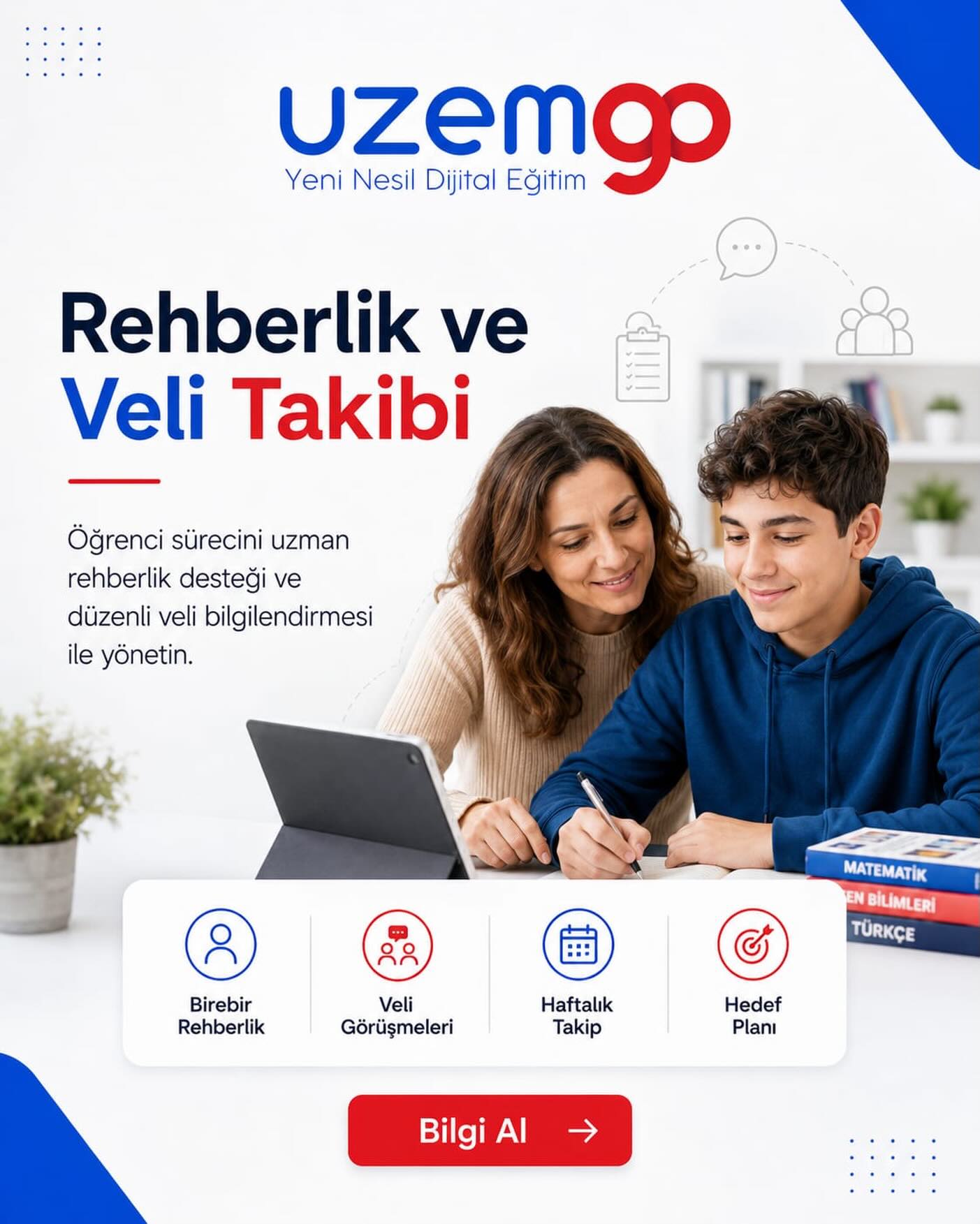 Rehberlik ve Veli Takibi ile Güvenli Süreç
UzemGO’da öğrenci yalnız bırakılmaz.
Birebir rehberlik, veli görüşmeleri, haftalık takip ve hedef planı ile öğrencinin akademik süreci düzenli şekilde izlenir.
#Rehberlik#EğitimKoçluğu #ÖğrenciTakibi #CanlıDershane #HedefPlanı