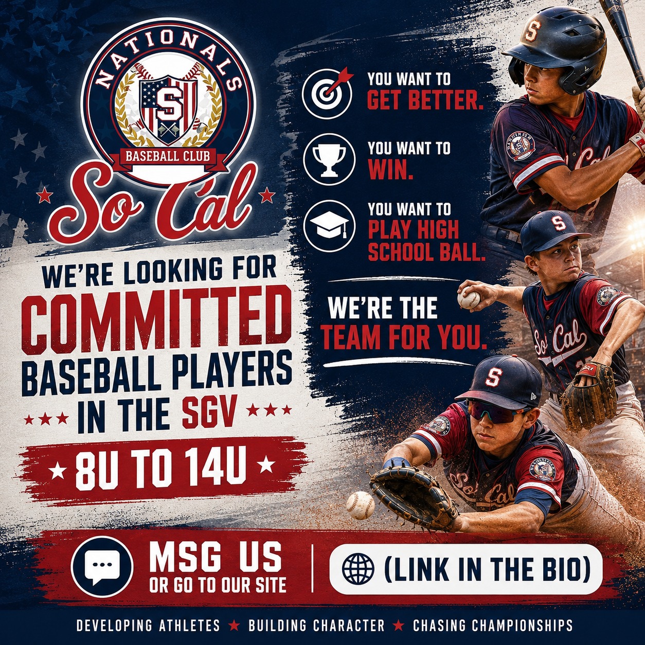 THE SO CAL NATIONALS ARE SCOUTING! 🦅⚾️
Do you have a dedicated baseball player in the SGV ready to take their game to the next level? The So Cal Nationals are looking for committed athletes from 8U to 14U to join our elite development program.
We offer:
📈 Professional Development to get better
🏆 A Culture of Winning
🎓 Guidance to reach high school ball
We are the destination for serious players in the SGV.
Don't wait. 📩 MSG US or tap the link in our bio to learn about upcoming tryouts and private evaluations.
#SoCalNationals #BaseballTryouts #SGVBaseball #YouthBaseball #TravelBallLife #BaseballDevelopment #CommitToWin #Ballplayer #SGV