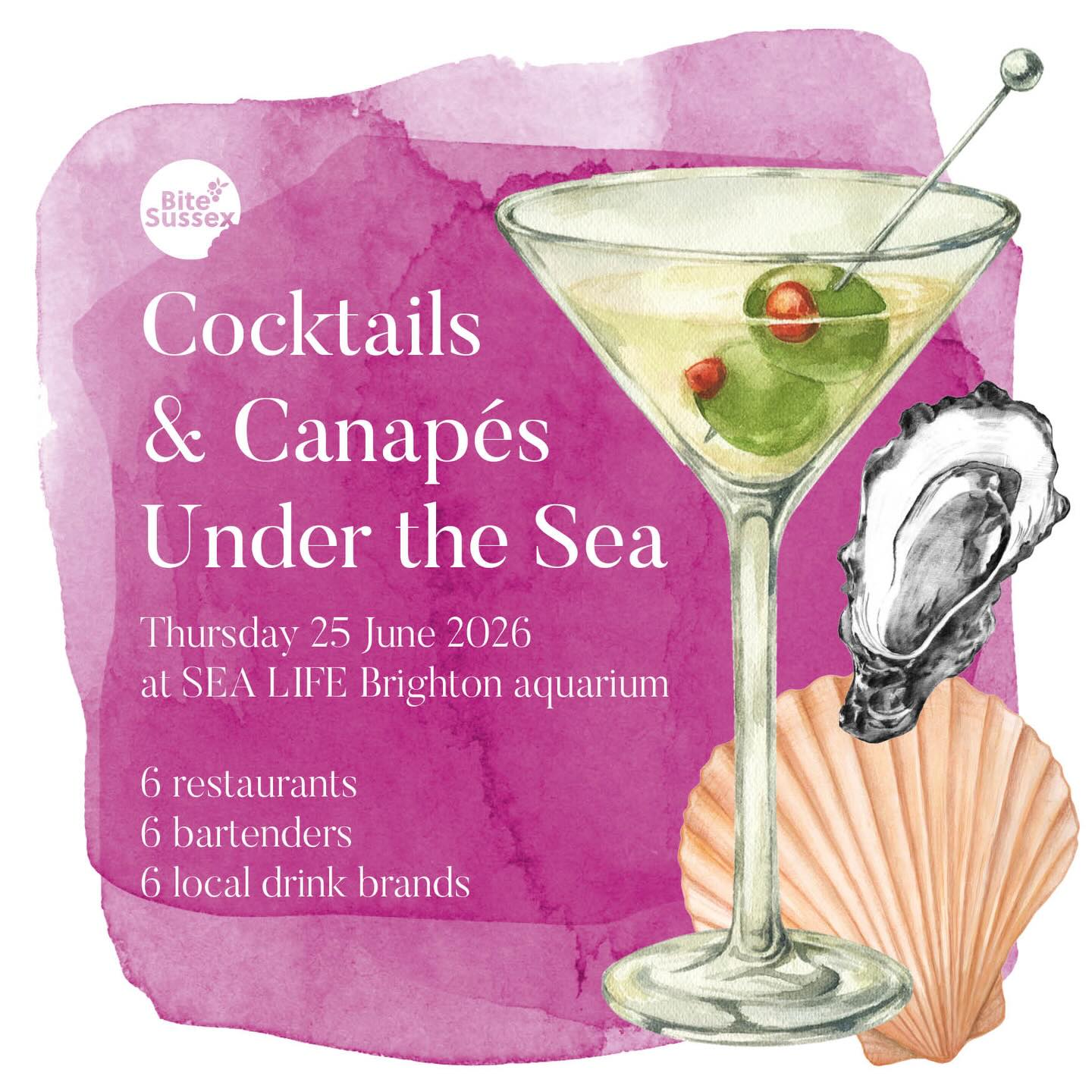 Join us under the waves for cocktails and canapés on Thursday 25 June @sealifebrighton - just one of the special events during the BITE Brighton Oyster Festival. Visit www.bitesussex.com for details