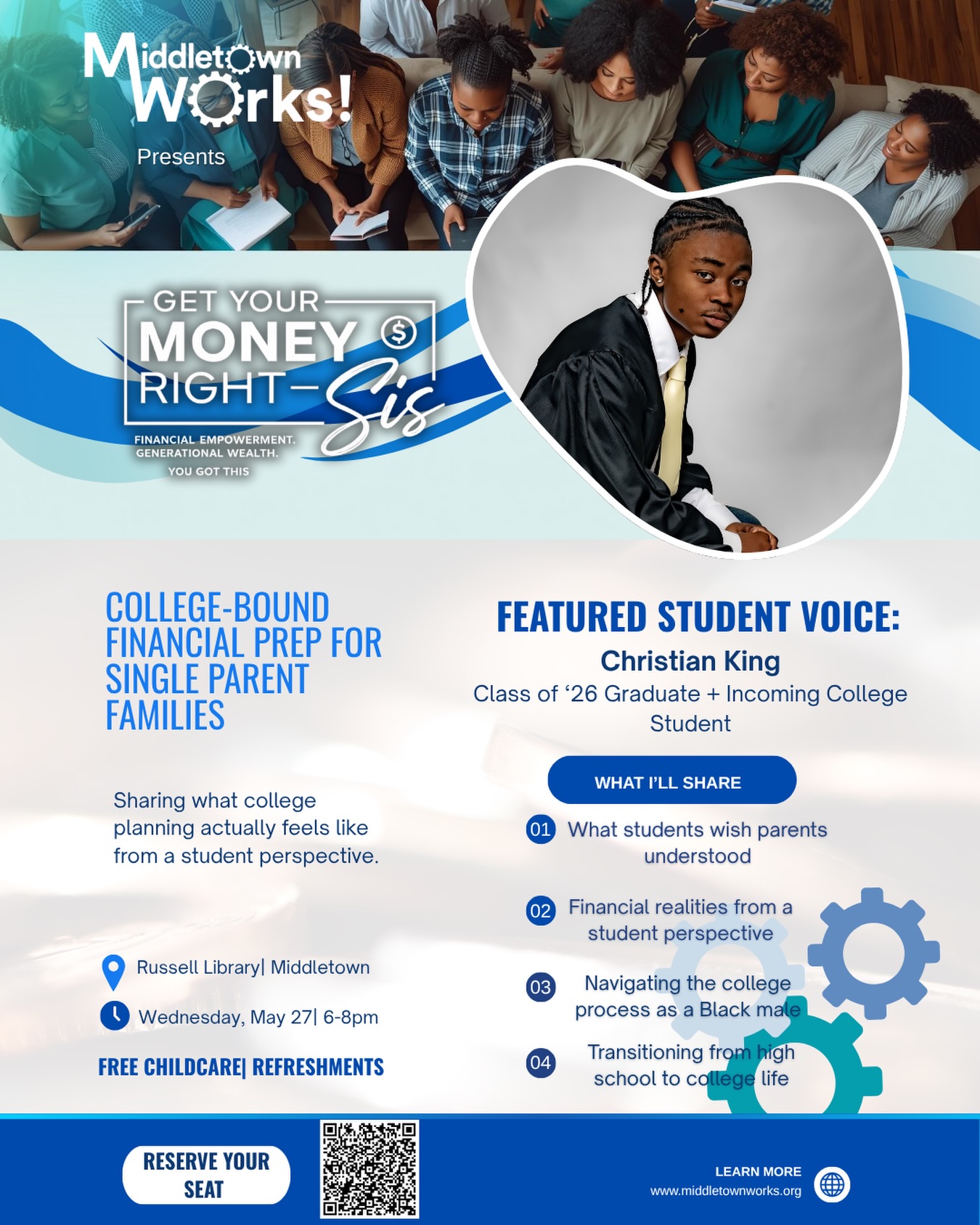 College planning conversations should include students too.
Behind every college acceptance letter are real financial conversations families are trying to figure out in real time.
Christian will be sharing his perspective as a graduating senior preparing for college; and navigating scholarships, financial pressures, expectations, decision-making, and the realities students (and parents) face during the transition from high school to college life.
As part of our Get Your Money Right, Sis™ Financial Empowerment Series, this workshop is designed to help single-parent families build confidence around college planning, financial preparation, and long-term stability.
Because college shouldn’t feel financially impossible.
Reserve your spot! 🔗 in bio. Space is limited.
📍 Russell Library | Middletown
🗓 Wednesday, May 27 | 6–8 PM
✔️ Free Childcare + Refreshments
.
.
#GetYourMoneyRightSis™️ #FinancialEmpowerment #StudentVoice #SingleParentFamilies #CommunityImpact