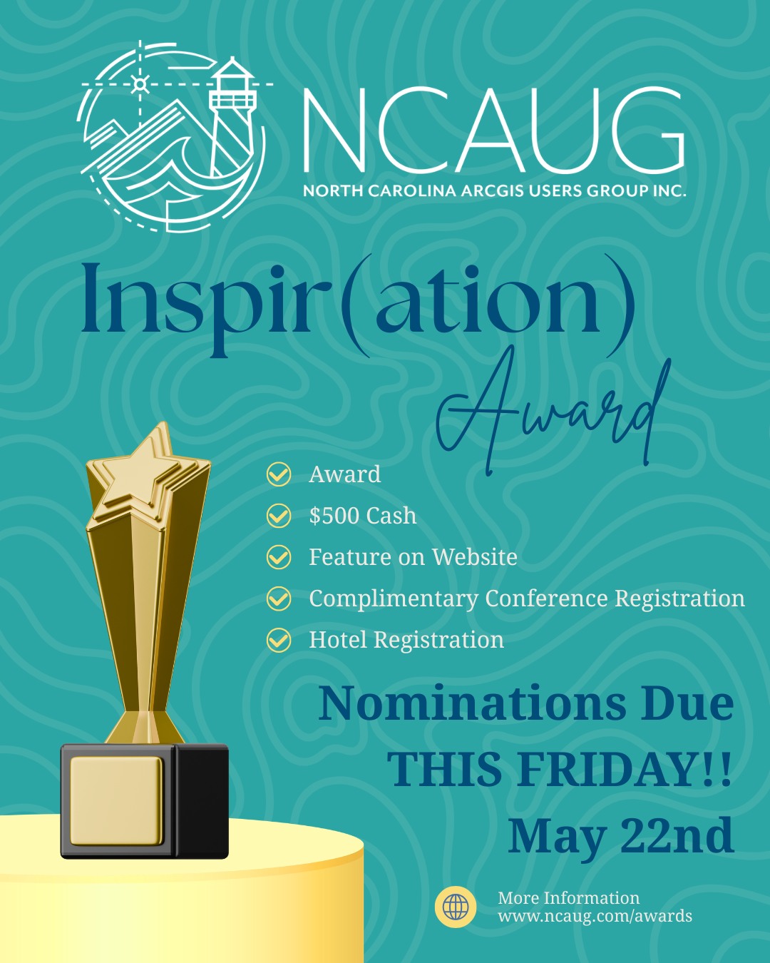 🌟 Final Reminder: Inspir(ation) Award Nominations Close Soon! 🌟
Do you know a GIS professional who has inspired others through leadership, mentorship, and dedication to the North Carolina geospatial community? The NCAUG Inspir(ation) Award recognizes individuals who have made a lasting impact on our field—not only through their work, but through the way they support and uplift others.
This is your chance to recognize the GIS rockstars who lead with both knowledge and character 💙🗺️
📅 Nomination Deadline: May 22
👉 Submit your nomination through the NCAUG website: https://www.ncaug.com/awards