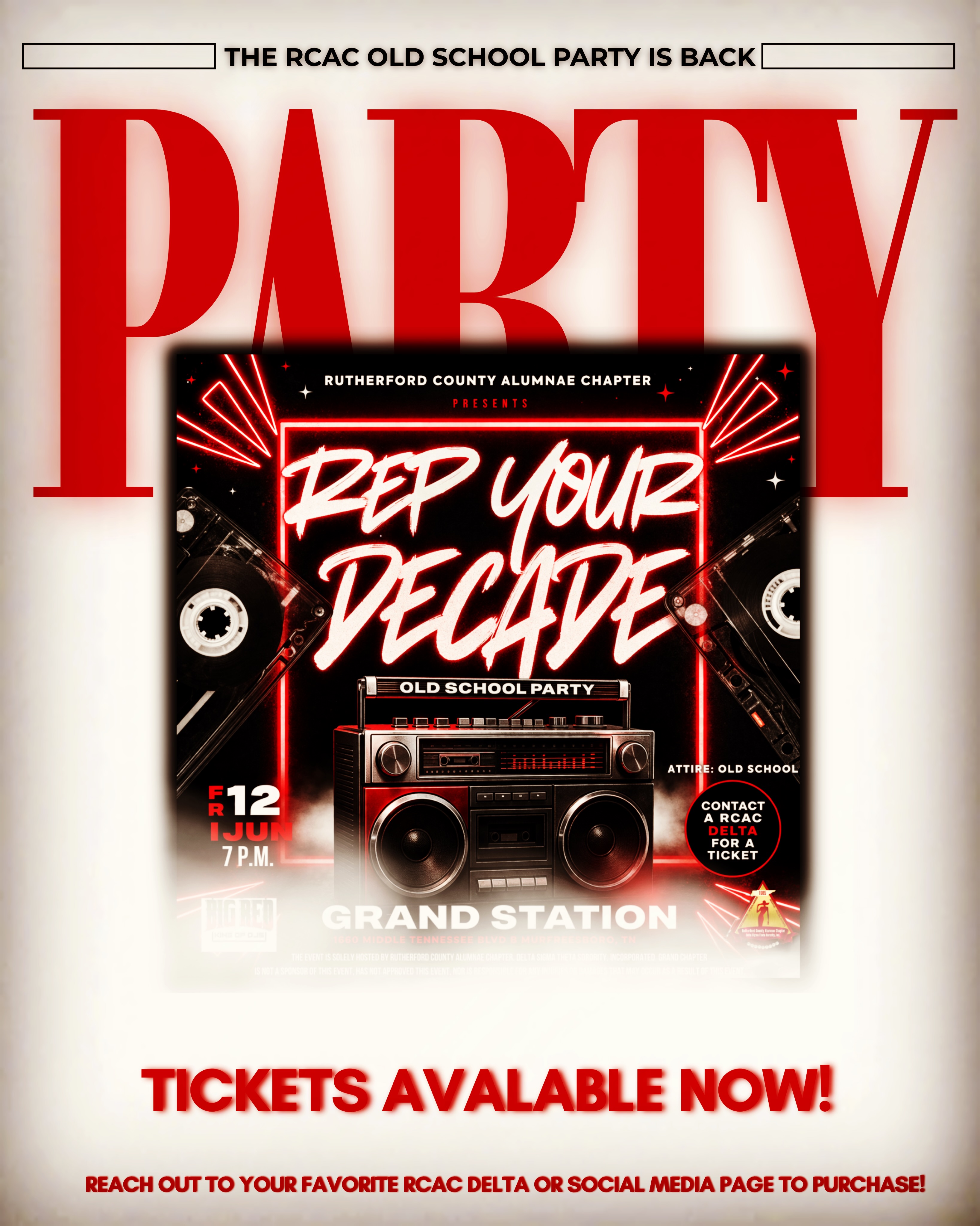 It’s back Rutherford County!! Rutherford County Alumnae Chapters annual Old School Party!
Purchase your tickets now! You do not want to miss this one!!