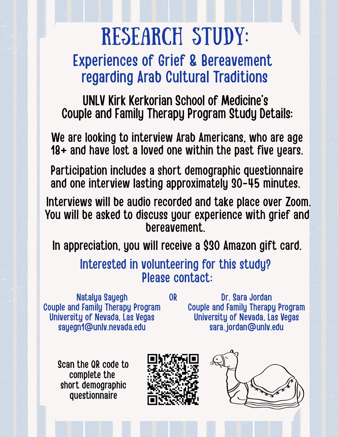 We’re continuing our AAMHA Research Spotlight series to uplift and support research centered on Arab and Arab American mental health and health experiences, an area that remains deeply underrepresented in academic literature.
This featured project is being conducted by Natalya Sayegh and Dr. Sara Jordan from the University of Nevada, Las Vegas. Their study explores the experiences of grief and bereavement in relation to Arab cultural traditions.
Grief is deeply shaped by culture, family, faith, and community. This research aims to better understand how Arab Americans experience loss, mourning, and healing, while highlighting the role cultural traditions play in the grieving process.
Who can participate:
• Arab Americans
• Age 18 or older
• Have experienced the loss of a loved one within the past five years
Participation includes a short demographic questionnaire and one Zoom interview lasting approximately 30–45 minutes. Interviews will be audio recorded, and participants will be asked to discuss their experiences with grief and bereavement. Participants will receive a $30 Amazon gift card in appreciation for their time.
This project is not affiliated with the Arab American Mental Health Association but is part of an ongoing effort to support and advance research on Arab and Arab American communities.
If you are a researcher conducting work related to Arab or Arab American health and mental health, we invite you to reach out so we can help amplify your work and support participant recruitment.
Follow our page to stay connected to future research opportunities and help build a more accurate, representative understanding of Arab and Arab American health.
#AAMHA #arabamericanmentalhealth #endthestigma #stigma #mentalhealth #mentalhealthmatters #arab #arabamerican #arabcommunity #culture #culturalcompetence #research #grief #loss #bereavement