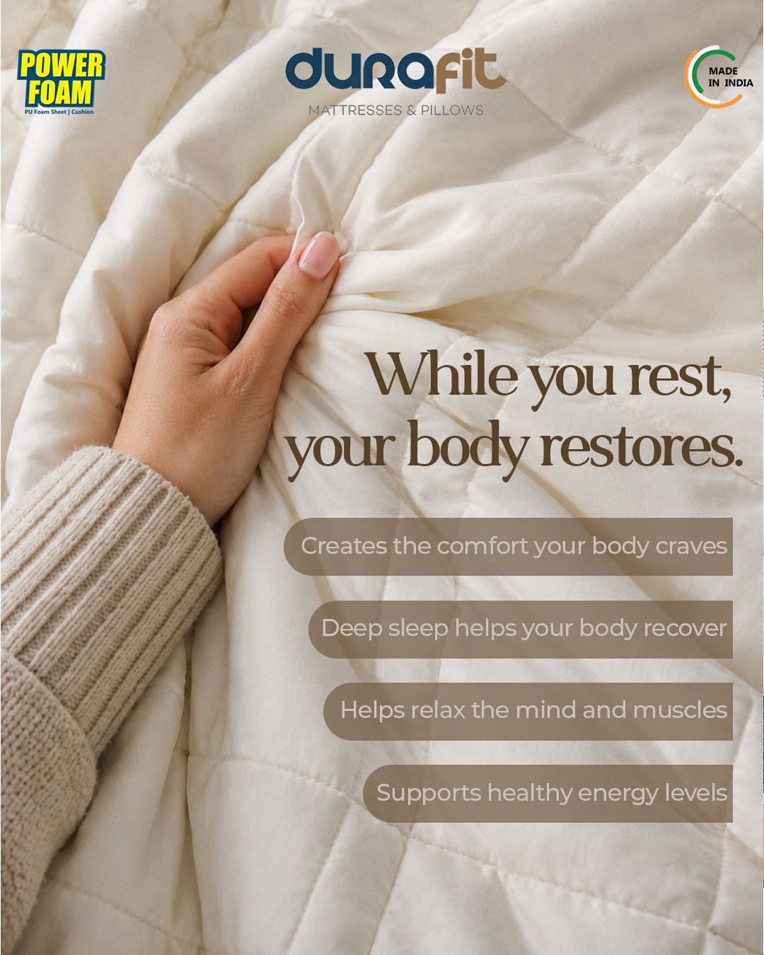 Your body does its best recovery while you sleep. ✨
From relaxing tired muscles to supporting deep, uninterrupted rest — the right mattress changes everything.
Experience comfort that helps you wake up refreshed, recharged, and ready for every day with Durafit Mattresses. 🤍
#Durafit #DurafitMattress #SleepBetter #DeepSleep #HealthySleep
(MattressComfort SleepWell BedroomGoals RestAndRecharge BetterSleepBetterLife ComfortMatters LuxurySleep GoodSleep SleepEssentials CozyComfort HomeComfort MattressBrand WakeUpRefreshed MadeInIndia SleepInStyle)