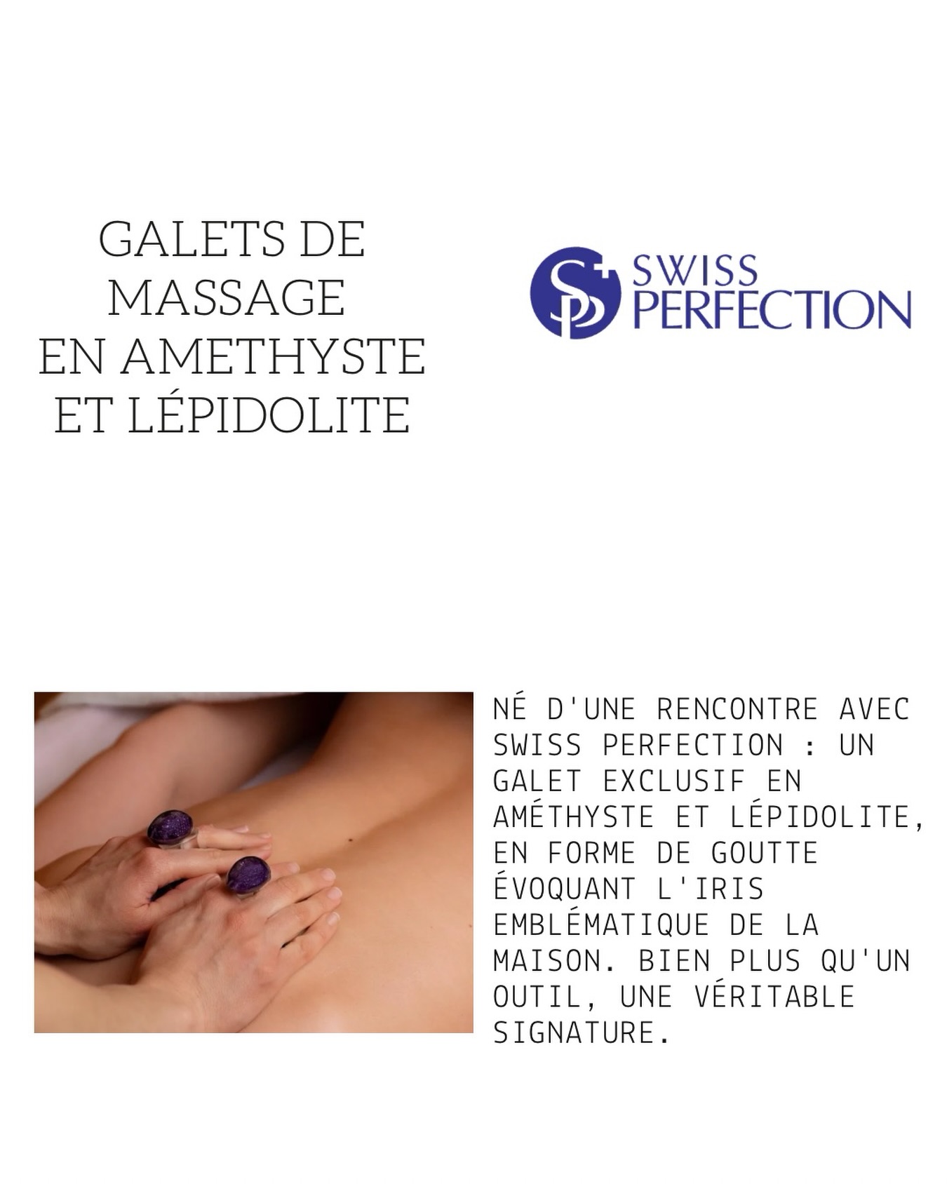 Avec @swissperfection_official, c’est avant tout une rencontre.
Une volonté commune, une exigence partagée et une vision du luxe authentique qui ont permis l’aboutissement de cet outil unique, créé exclusivement pour la marque.
Chaque détail a été pensé comme une signature.
Le galet de massage, gravé au nom de Swiss Perfection, est le fruit d’une étude précise du sourcing des pierres, avec une sélection d’améthyste et de lépidolite correspondant pleinement à l’ADN de la marque : élégance, rareté, apaisement et excellence.
Sa forme en goutte n’a pas été choisie au hasard. Elle évoque à la fois la fluidité du geste esthétique et l’image emblématique de l’iris, fleur mythique intimement liée à l’univers Swiss Perfection et à l’un des composants essentiels de leurs cosmétiques.
Derrière cet objet, il y a également tout un travail d’ingénierie du galet de massage : équilibre des volumes, ergonomie du geste, qualité vibratoire de la pierre et dimension esthétique, afin d’en faire un véritable accessoire d’exception.
Plus qu’un outil de soin, cette création incarne la rencontre entre savoir-faire, innovation, matière naturelle et expérience sensorielle haut de gamme.
Je remercie tout particulièrement @camille.wellness, Néné Maandhui et Carole Borgeaud pour leur confiance, leur sens de l’excellence et notre engagement partagé autour de ce projet unique. #swissperfection #galetdemassage #amethyste #lepidolite #collaboration