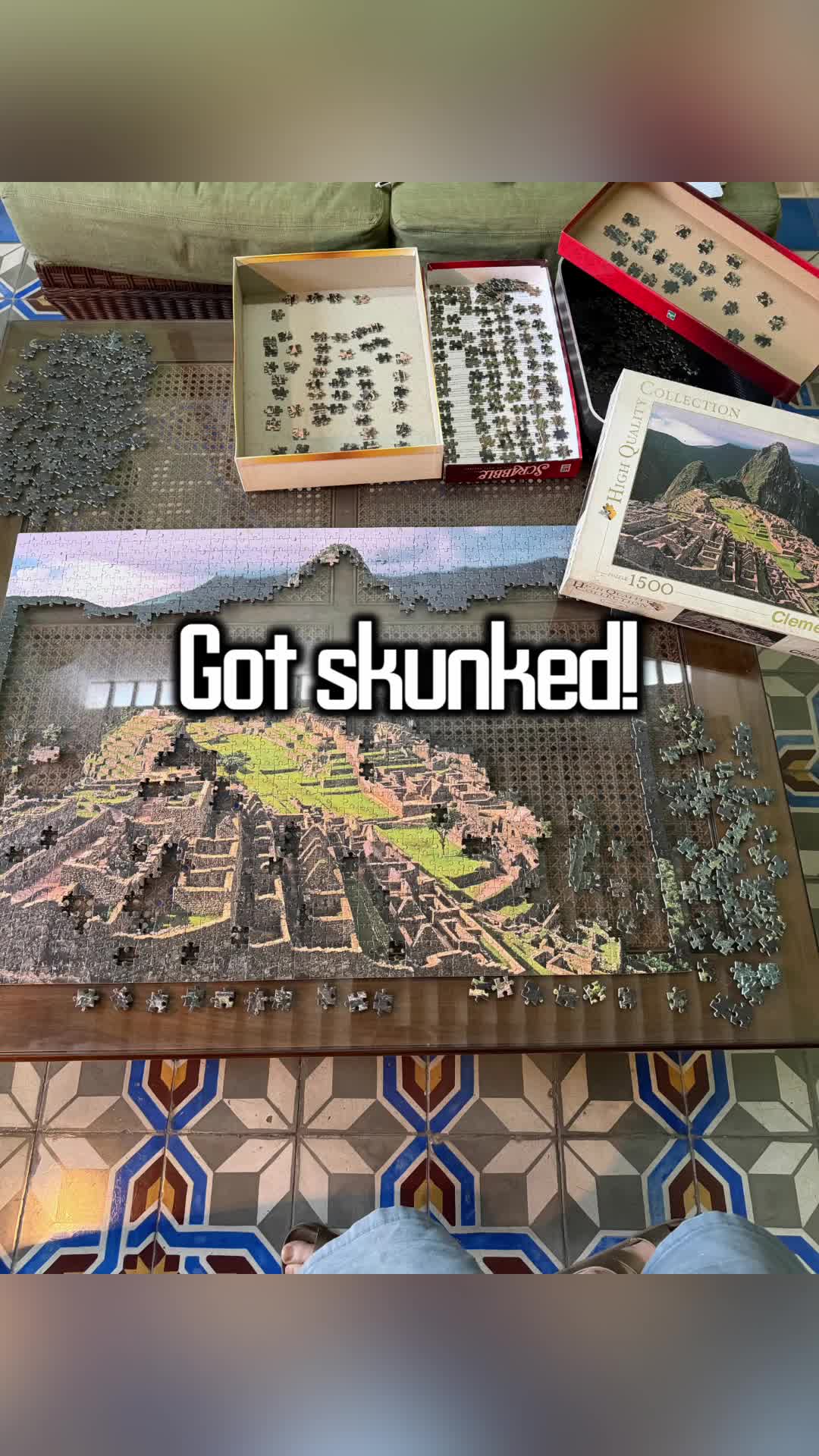 I got skunked working on a 1500 piece jigsaw #puzzle in #Mexico! I’m pretty good at puzzles, but the fun factor ran out on this one. Only place to work on it was a short coffee table so it was killing my back and neck, no place to put the pieces, terrible lighting, terrible resolution of the picture that was enlarged to create it, and the whole thing was dark, dark and darker. No fun! About half way through, I boxed it up. Know when to stop. 🎶Music by #CCnDocMusic 🎶 #MeridaMágico
