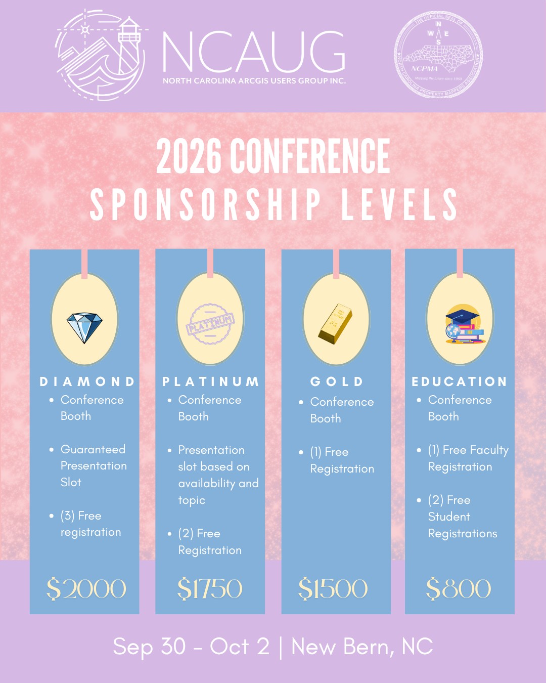 🌟 Partner with NCAUG + Showcase Your Organization! 🌟
Sponsorship opportunities are available for the NCAUG + NCPMA Fall Conference in New Bern, NC, and we’d love to have your organization involved! Connect with GIS, mapping, planning, and geospatial professionals from across North Carolina while supporting education, innovation, and community.
💎 Diamond Sponsor – $2,000
✔️ Conference booth
✔️ Guaranteed presentation slot
✔️ (3) complimentary registrations
✨ Platinum Sponsor – $1,750
✔️ Conference booth
✔️ Presentation slot based on availability & topic
✔️ (2) complimentary registrations
🥇 Gold Sponsor – $1,500
✔️ Conference booth
✔️ (1) complimentary registration
🎓 Education Sponsor – $800
✔️ Conference booth
✔️ (1) complimentary faculty registration
✔️ (2) complimentary student registrations
Ready to put your organization in front of North Carolina’s geospatial community? Reach out to ncaugboard@gmail.com for more information!
👉 Secure your spot today!