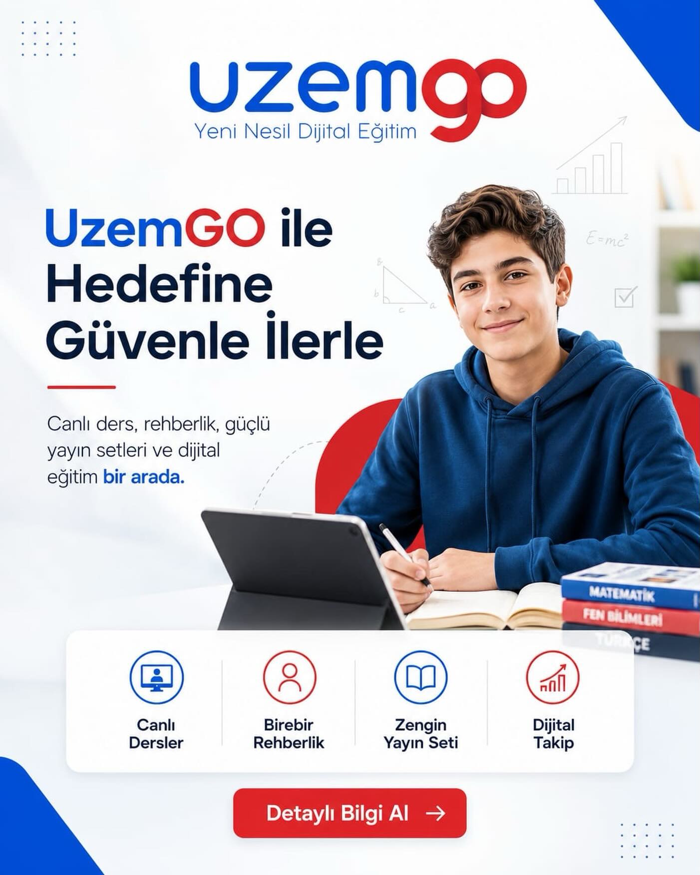 UzemGO ile Hedefine Güvenle İlerle
Canlı dersler, birebir rehberlik, güçlü yayın setleri ve dijital takip sistemiyle sınav hazırlığını planlı ve güvenli şekilde ilerlet.
UzemGO, öğrencinin yalnızca ders izlemesini değil; düzenli takip edilmesini, eksiklerinin görülmesini ve hedefe uygun yönlendirilmesini sağlar.
#UzemGO #OnlineDershane #EğitimKoçluğu #DijitalEğitim #BaşarıTakibi