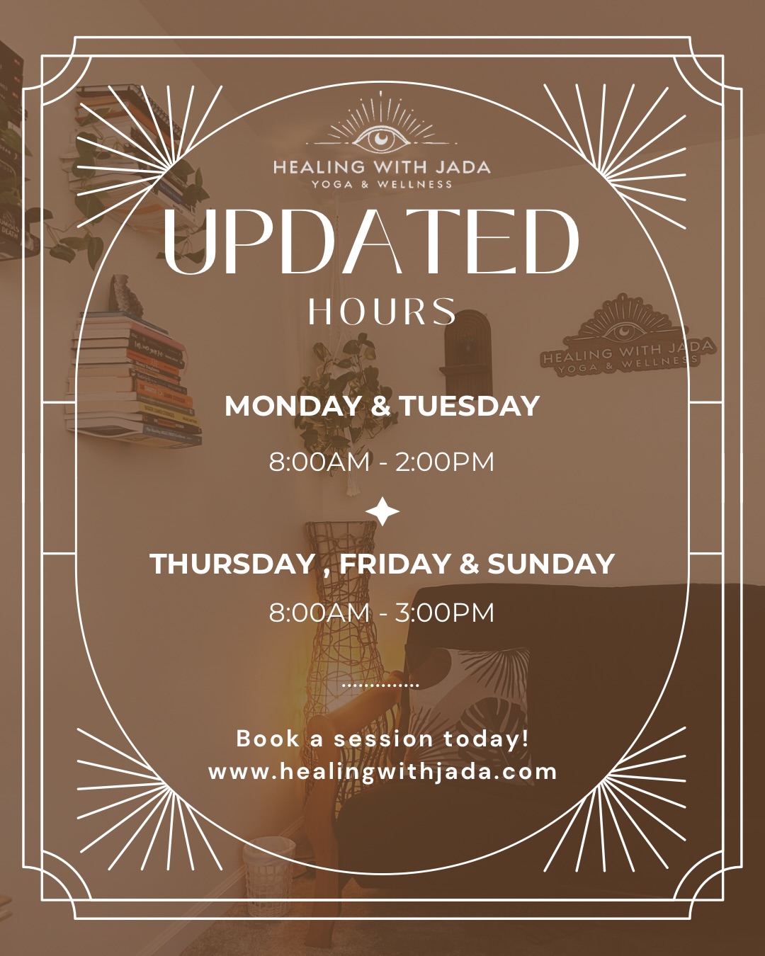 As I step into a new season of growth and begin my graduate internship journey, Healing with Jada’s office hours will be shifting a bit this summer ✨
𝐔𝐩𝐝𝐚𝐭𝐞𝐝 𝐇𝐨𝐮𝐫𝐬:
Monday & Tuesday: 8 AM – 2 PM
Thursday, Friday & Sunday: 8 AM – 3 PM
This change is coming as I begin my clinical internship training for graduate school, a huge next step in my journey as a mental health clinician. I’m really excited to be deepening my work in the mental health field while continuing to hold space through yoga, Reiki, sound healing, and coaching! This season is about expansion, balance, and showing up even more intentionally in all the ways I support others.
To celebrate this new chapter and the start of summer, I’m also offering a Memorial Day Summer Reset Special 🪷☀️
For a limited time, new clients enjoy 15% off sessions on:
• Reiki Therapy
• Sound Healing Sessions
**I will only be accepting a limited number of new clients for this special in order to maintain space, presence, and quality of care.**
If you’ve been feeling called to slow down, reset your energy, or reconnect with yourself, this is a beautiful time to do it. Thank you everyone for your continued support, flexibility, and love as I grow through this next phase of my work and education to support you all. I’m deeply grateful for each of you who have been part of this journey with me!
**If you don’t see a time that works for you, please feel free to reach out, I can usually accommodate or find something that works.**
#HealingwithJada #reikihealing #soundhealing #somatichealing #mindbodyhealing