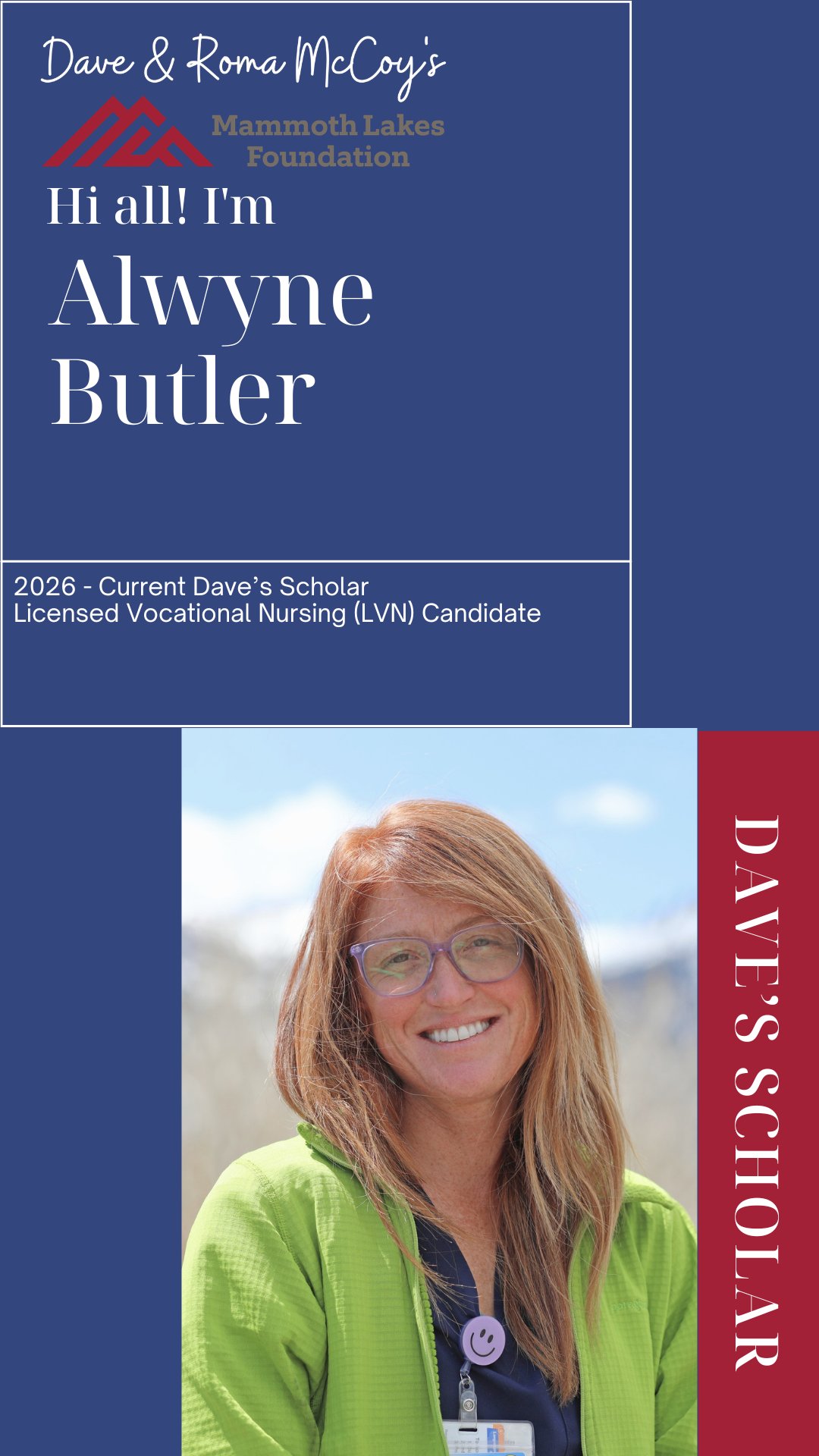As our Bloom Together campaign continues, we are excited to share another story from our Dave’s Scholars community. 🌸
Many of you may remember hearing from Alwyne Butler at last year’s Friends of the Foundation Dinner. Since then, Alwyne has continued building her pathway toward a career in healthcare and is preparing to enter the Licensed Vocational Nursing (LVN) program this fall.
In this video, Alwyne reflects on her journey at Cerro Coso and the impact the Mammoth Lakes Foundation and Dave’s Scholars program have had along the way.
"The Foundation's mission statement says they want to improve the quality of life of the people in the Eastern Sierra through education and opportunity. This scholarship is doing that for me! I don't know how to articulate that in all the ways, but I'm super grateful. I am becoming a nurse because of YOU!"
We invite you to explore the student fundraising pages to hear their personal stories and support them in a meaningful way. You can donate in honor of a specific student or give to the general campaign to uplift the entire program. https://givebutter.com/davesscholarsbloomtogether/ (link in bio)
🎥 Hear more from Alwyne below❤🎓