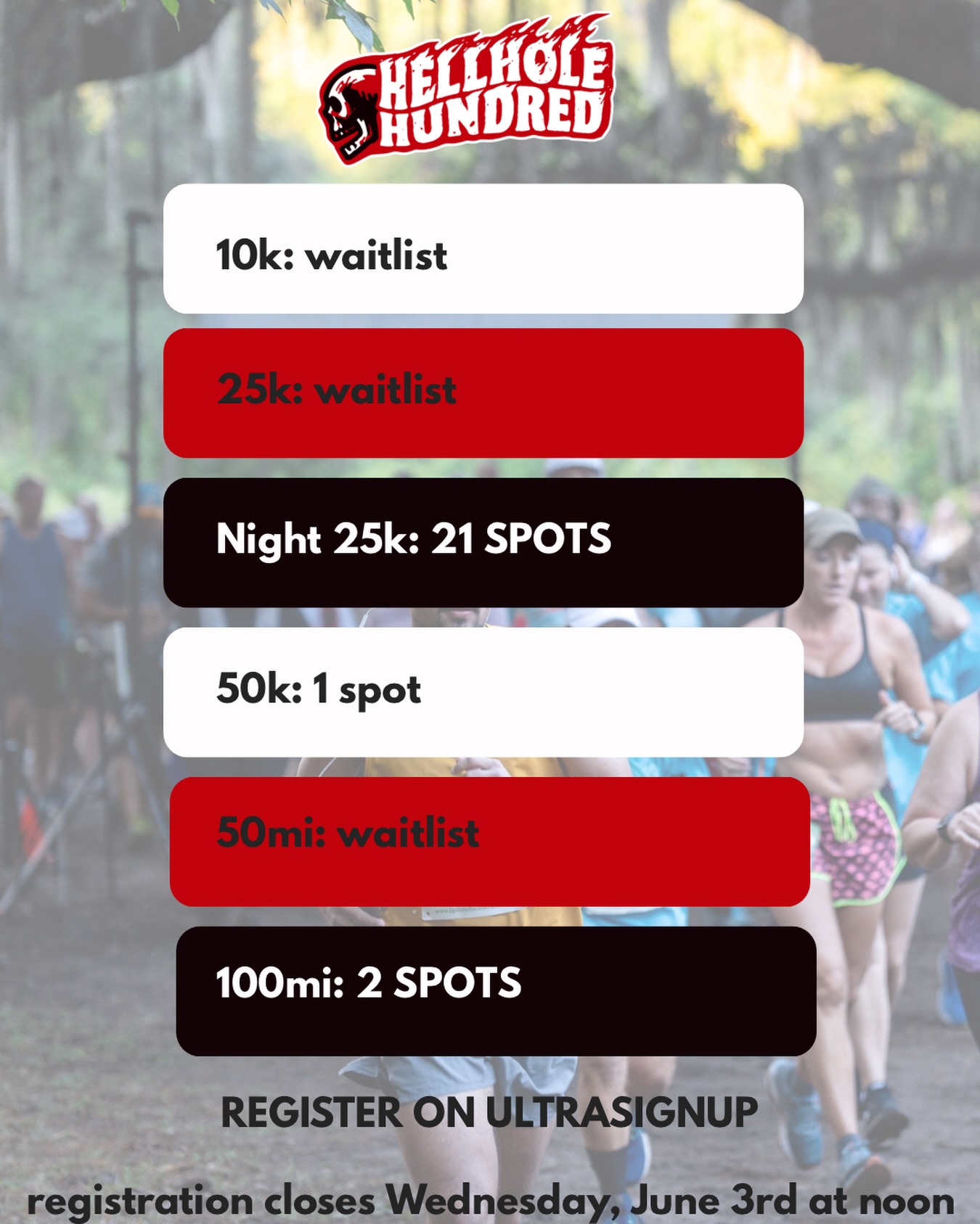 ๐จ There are just 3 spots left for the daytime events at Hell Hole ๐จ
The Night 25k has 21 spots open ๐๐ผ
The waitlist has already been moving sooo if you're seeing the distance you want to run is on a waitlist--put your name on it. The earlier you get on the better chance you have of getting in
If you get picked from the waitlist you will get an email and have 24hours to accept or decline before we move to the next runner on the list.
Or grab a spot in the Night 25k ๐ ๐ฆ which is my favorite event at Hell Hole. The fireflies come out right as the sun is going down and you feel like you're in some crazy version of a Disney/horror movie ๐
You can grab the link to register in our bio or search Hell Hole Hundred on ultrasignup. Tag that friend who's been meaning to sign up and hasn't yet ๐ซ
See you on the trails soon โ๐ผ๐๐ฝโโ๏ธ๐ฒ
#palmettoultras #hellholehundred #lowcountrytrailrunners #charlestonrunning #trailrunningcommunity