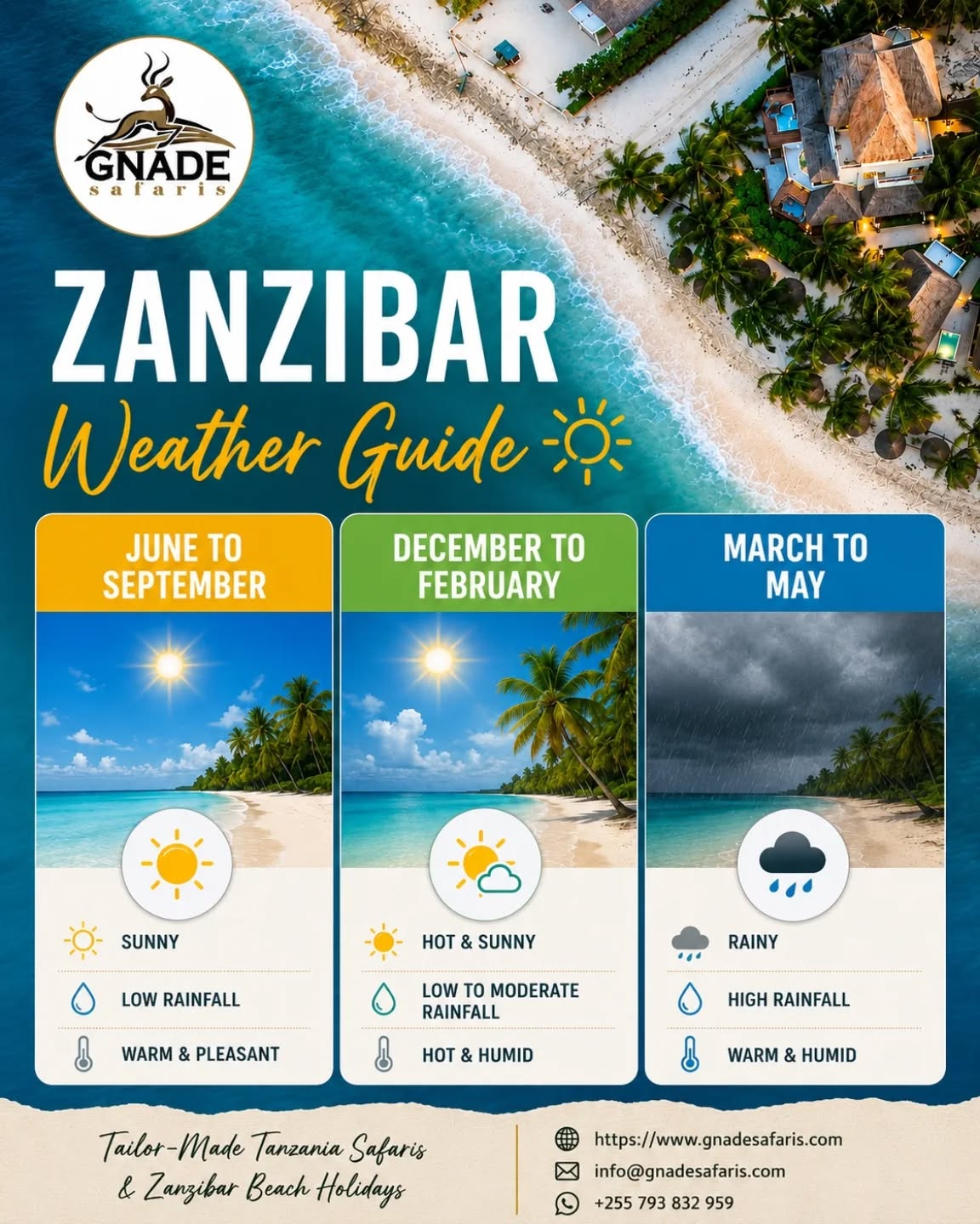🌴 Zanzibar Weather Guide: Best Time to Visit Zanzibar Month by Month ☀️🌊
Planning a Zanzibar beach holiday? Discover the best time to visit Zanzibar for sunny beaches, snorkeling, diving, honeymoons, and unforgettable tropical adventures. 🏝️
From the dry sunny season between June and October to the warm tropical months of December to February, Zanzibar offers beautiful weather almost all year round. Whether you’re dreaming of relaxing on white-sand beaches, exploring Stone Town, or combining Zanzibar with a Serengeti safari, knowing the island’s weather helps you plan the perfect trip.
✨ In our complete guide, discover:
✔ Best months to visit Zanzibar
✔ Dry & rainy seasons explained
✔ Sea temperatures & beach conditions
✔ Best time for snorkeling & diving
✔ Zanzibar honeymoon weather tips
✔ What to pack for Zanzibar
📍 Read the full guide here:
https://www.gnadesafaris.com/post/zanzibar-weather-guide
Plan your perfect Tanzania safari & Zanzibar beach holiday with Gnade Safaris. 🐘🌴
#Zanzibar #ZanzibarWeather #GnadeSafaris #VisitZanzibar #TanzaniaTravel