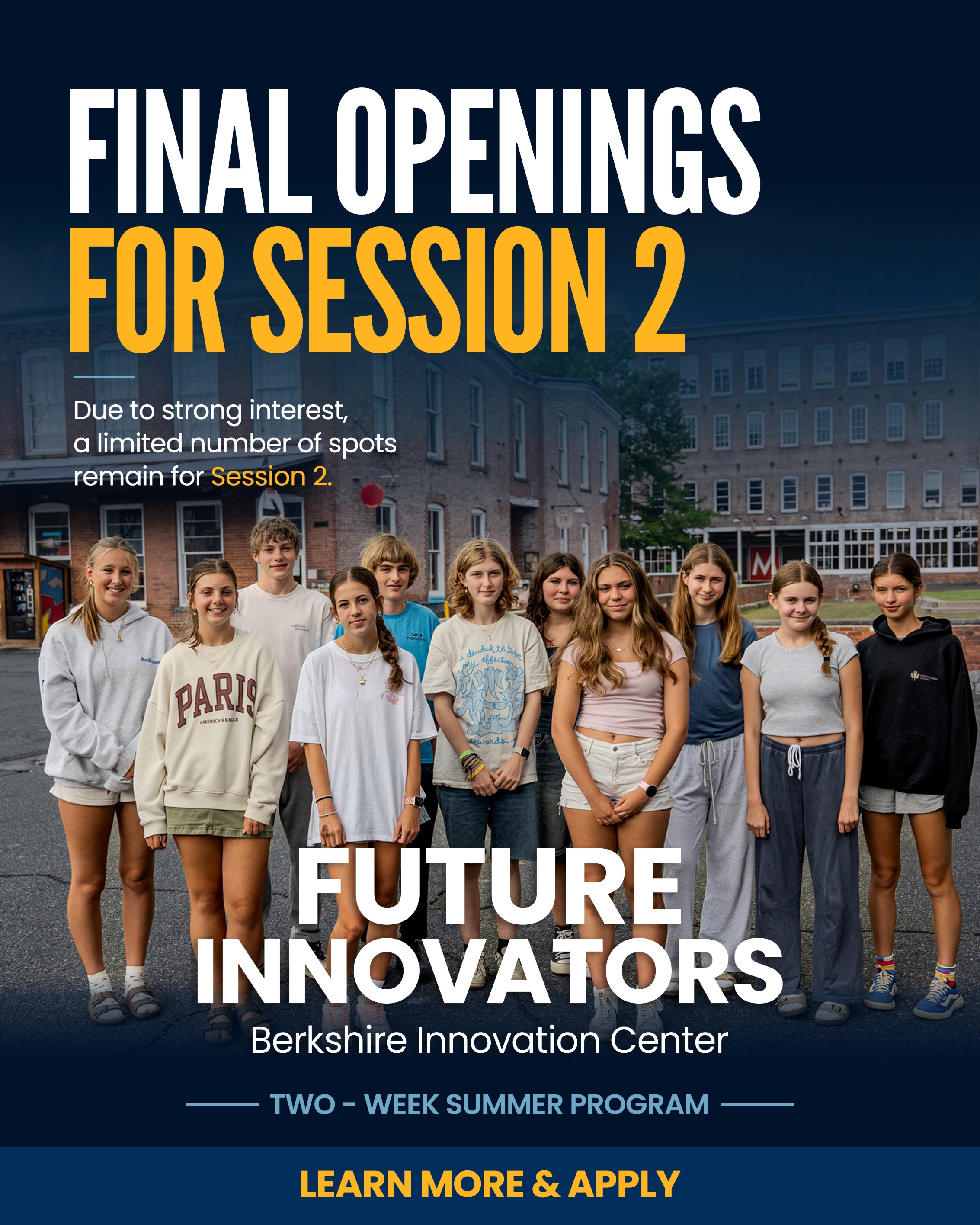 Final Openings for Session 2
The response to this yearās Future Innovators program has been incredible, and our first cohort has officially reached capacity.
Weāre now accepting a limited number of final applications for Session 2.
Future Innovators gives rising sophomores a chance to work on hands-on projects, build leadership and collaboration skills, explore technology and innovation pathways, and connect with professionals and industries shaping the future of the Berkshires and beyond.
If youāve been considering applying, now is the time.
To apply - See Link in Bio.