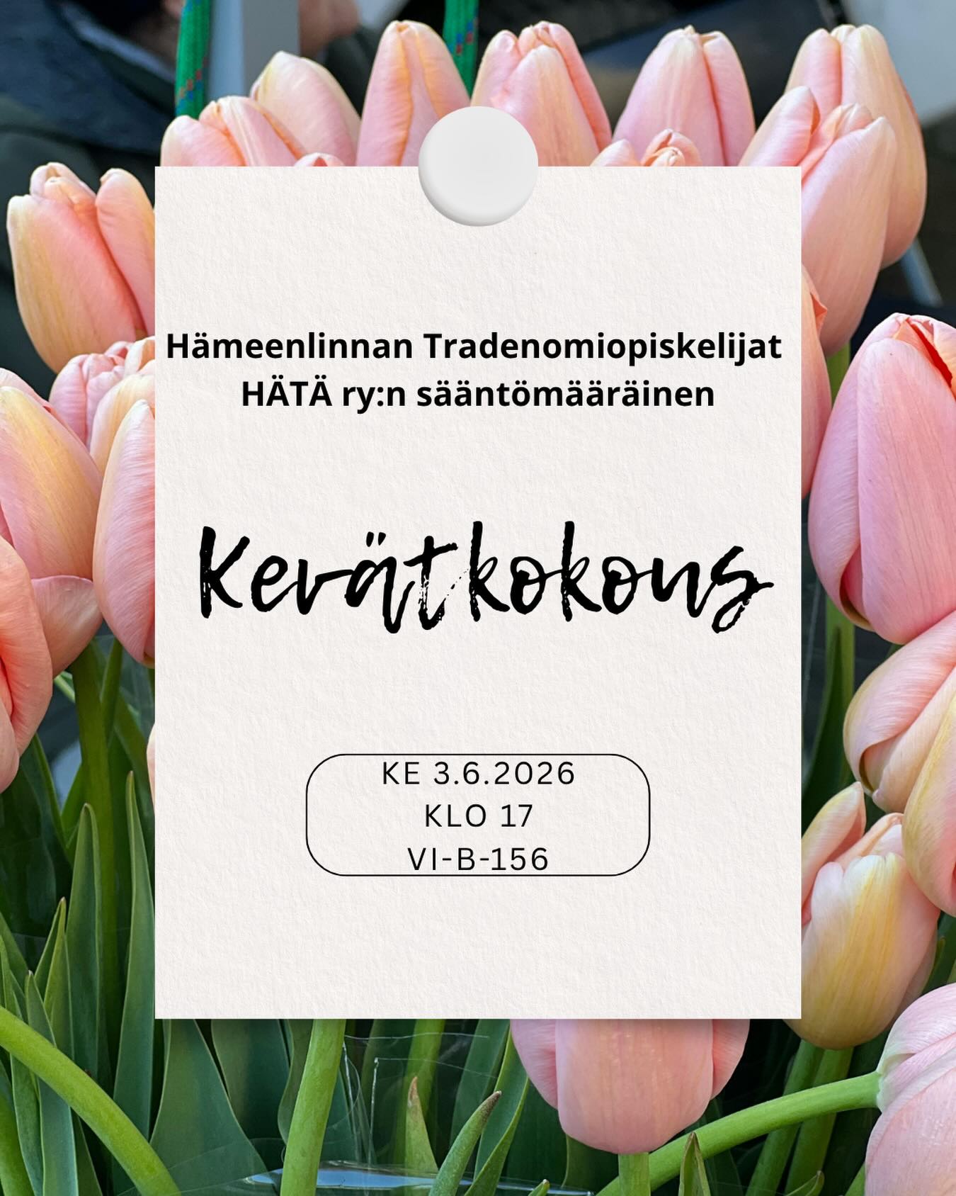 HÄTÄ ry:n sääntömääräinen kevätkokous järjestetään 3.6.2026 klo 17 Hämeenlinnan korkeakoulukeskuksella tilassa Vi-B-156 🌷
Kokouksessa käydään läpi mm. vuoden 2025 tilinpäätös sekä toimintakertomus.
Kaikki HÄTÄ ry:n jäsenet ovat tervetulleita kuulemaan yhdistyksen tilanteesta.
Tervetuloa! 🌞
***
Regular meeting of the association will be held at Hämeenlinna University centre class room VI-B-156 at 3.6.2026 5PM 🌷
All HÄTÄ ry’s members are welcome
This event will be held unfortunately only in Finnish.
Welcome! 🌞