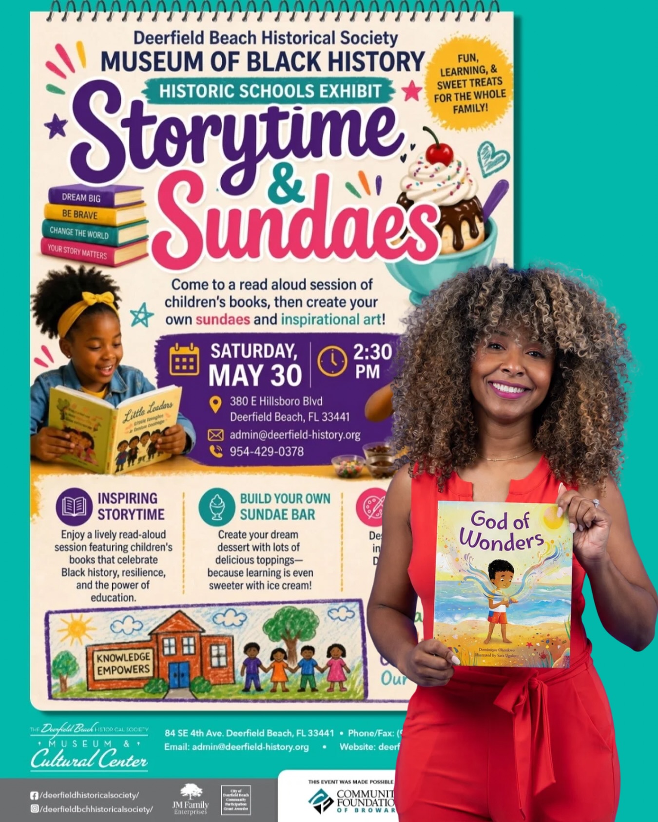 Who’s ready for storytime and sundaes?! 🍦📚✨
I’m so excited to announce my next event hosted by the Deerfield Beach Historical Society! Join me on Saturday, May 30 at 2:30 PM for an afternoon of fun featuring:
📖 A special read aloud by yours truly
🍨 Build-your-own ice cream sundaes
📚 Signed copies of my latest books available for purchase
✨ And so much more!
Bring the family and come enjoy a sweet afternoon filled with stories, smiles, and fun. I can’t wait to see you there! 💛
#YourFavoriteAuthor #StorytimeAndSundaes #AuthorEvent #ChildrensBooks #FamilyFun