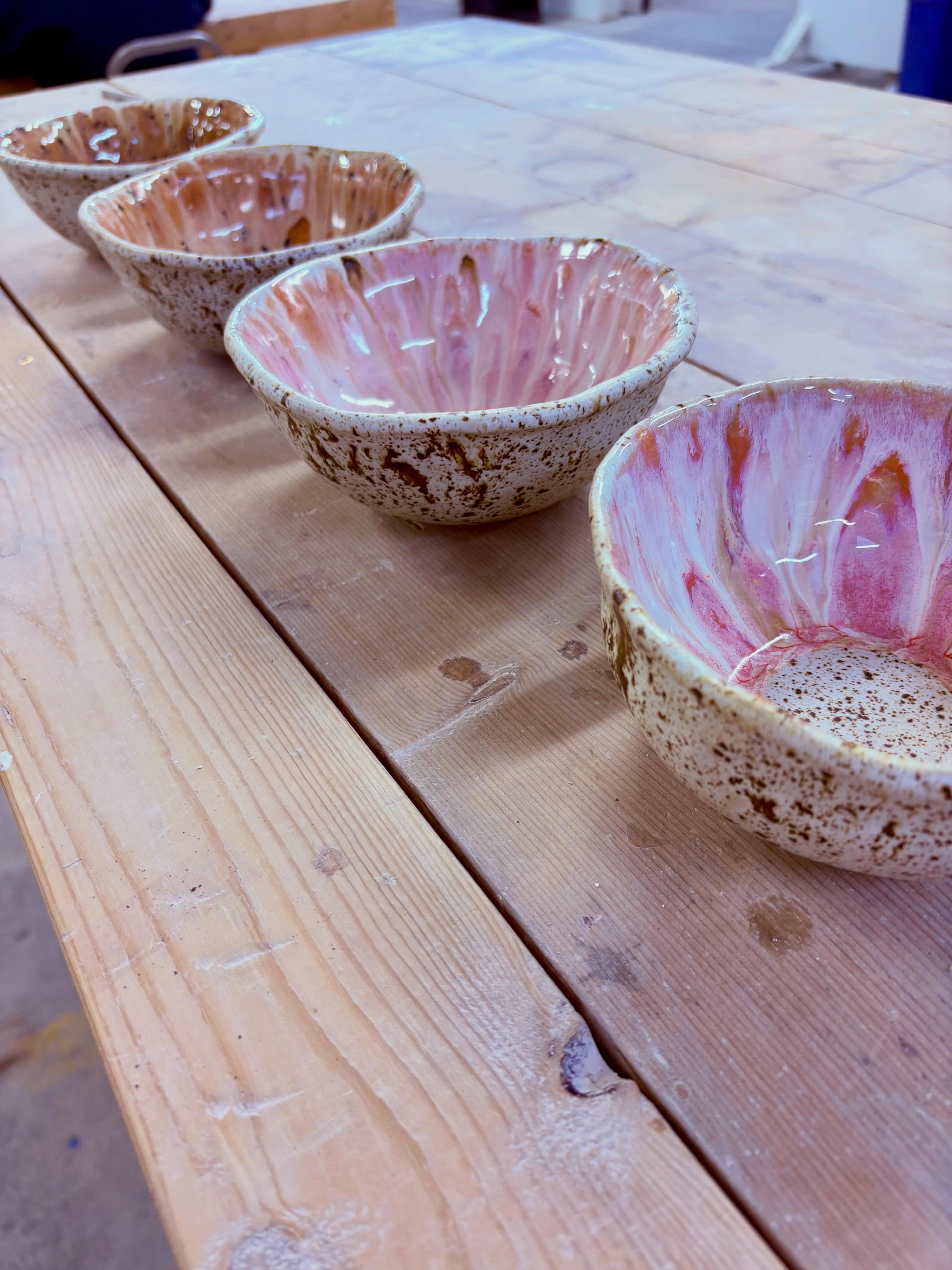 So excited about how these cereal bowls turned out! You never know how glazes are going to interact with each other. For example, I had NO idea that two of the bowls were going to be yellow!! There was No yellow glaze added to the bowls haha. My husband said the bowls look like flowers, but I’m calling them Dragon Eyes 🐉