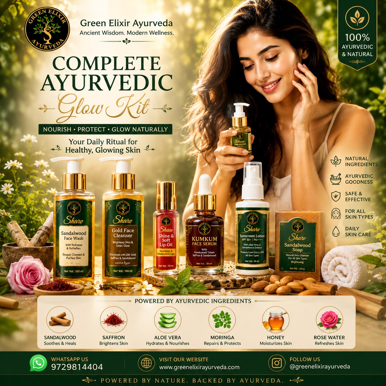 🌿 Complete Ayurvedic Glow Kit 🌿
Experience the power of Ayurveda for naturally glowing and healthy skin with Green Elixir Ayurveda. ✨
Crafted with premium Ayurvedic ingredients like Sandalwood, Aloe Vera, Honey, Kumkumadi & Rose Water to nourish, hydrate and protect your skin naturally. 💚
✨ What’s Inside:
✔ Ayurvedic Face Wash
✔ Gold Face Cleanser
✔ Kumkum Face Serum
✔ Sunscreen Lotion
✔ Shine & Soft Lip Oil
✔ Sandalwood Soap
🌸 Suitable for all skin types
🌸 Daily glow care routine
🌸 Gentle, safe & effective
🌸 No harmful chemicals
📲 WhatsApp: 9729814404
🌐 Green Elixir Ayurveda Official Website
#Ayurveda #Skincare #GlowSkin #AyurvedicSkincare #BeautyCare #NaturalGlow #GlassSkin #HealthySkin #GreenElixirAyurveda #SkinCareRoutine #LuxurySkincare #OrganicBeauty #NaturalBeauty #FaceSerum #AyurvedicBeauty #Sandalwood #Kumkumadi #HerbalSkincare #GlowNaturally #DailySkincare #SkinCareProducts #BeautyRoutine #InstaBeauty #SelfCare #ViralReels #ExplorePage #TrendingNow #IndianSkincare #HolisticBeauty #radiantskin