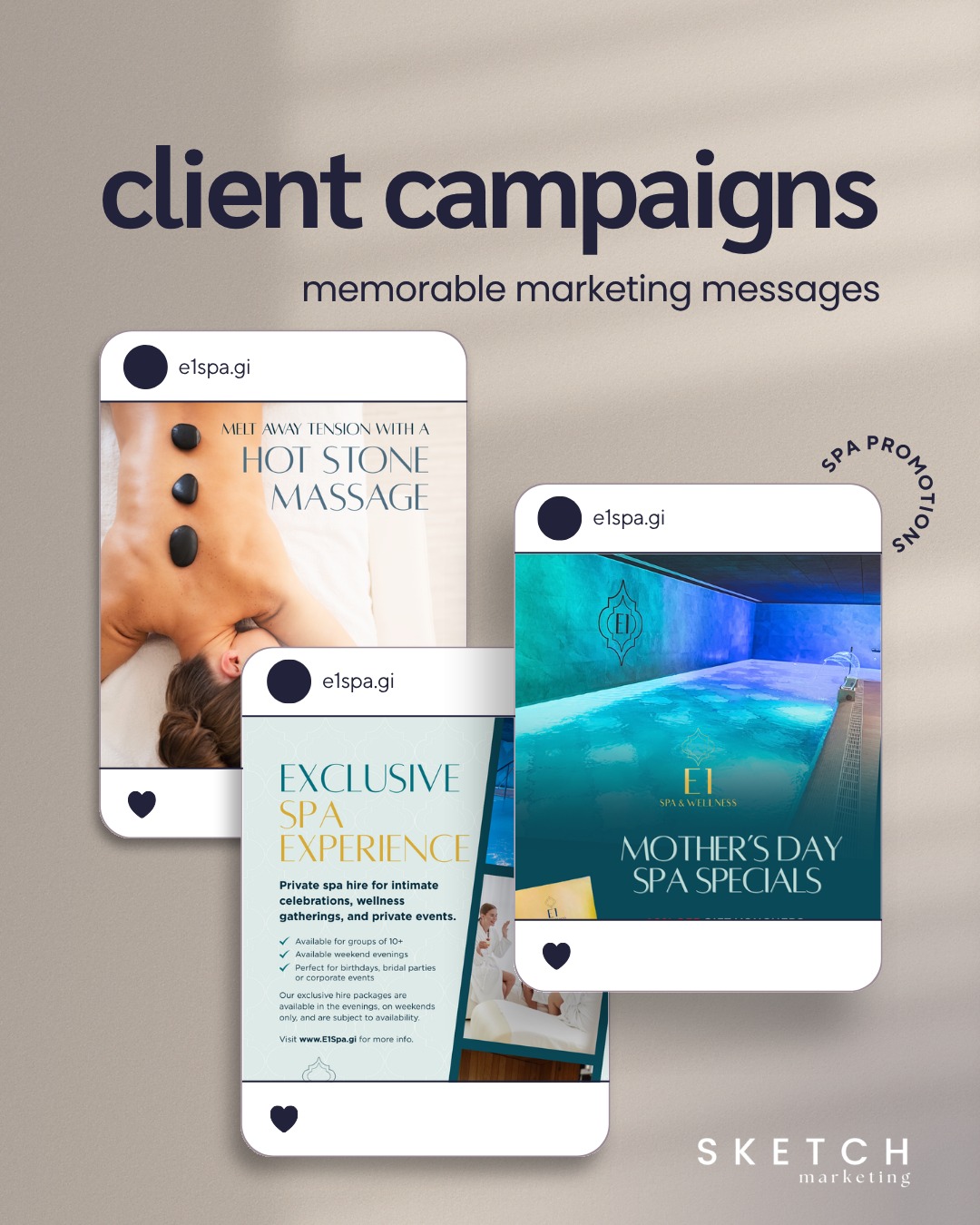 One campaign. Multiple touch points. One clear message.
For E1 Spa & Wellness, every piece of content is designed to work together, from promotions to seasonal moments, creating a consistent, recognisable presence that builds trust over time.
Because impactful marketing isn’t about one post… it’s about the full picture.
#ClientCampaigns #IntegratedMarketing #BrandConsistency #SocialMediaStrategy #SpaMarketing #GibraltarBusiness #SketchMarketing
