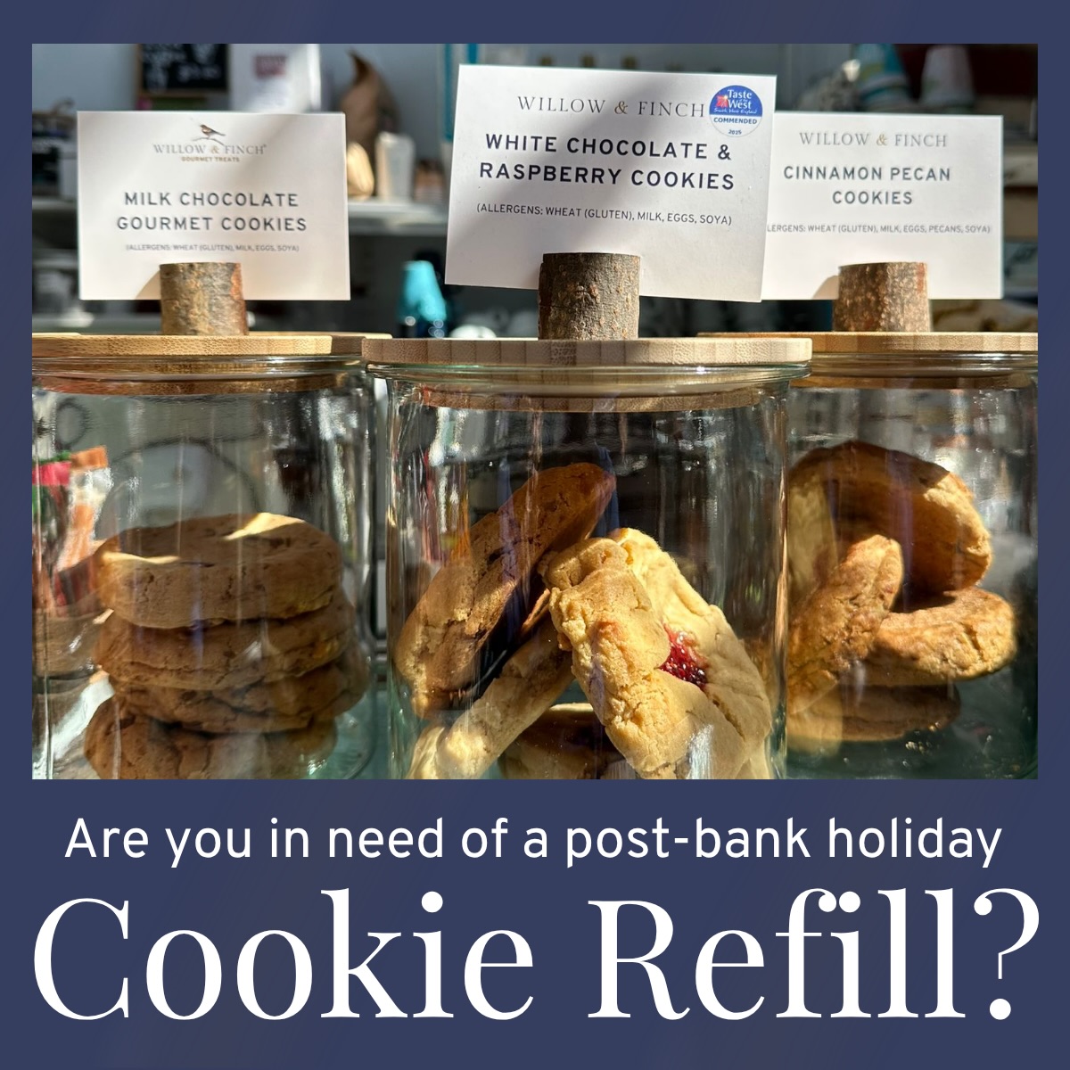 Well… you certainly kept us busy last week with your bank holiday weekend top up orders!
We hope you all had a lovely weekend and lots of happy customers enjoying our gourmet bakes.
If your counters, cake domes or cookie jars are looking a little empty and sorry for themselves today, get in touch and we’ll get you restocked.
Our ovens are already back on and we’re ready to bake!