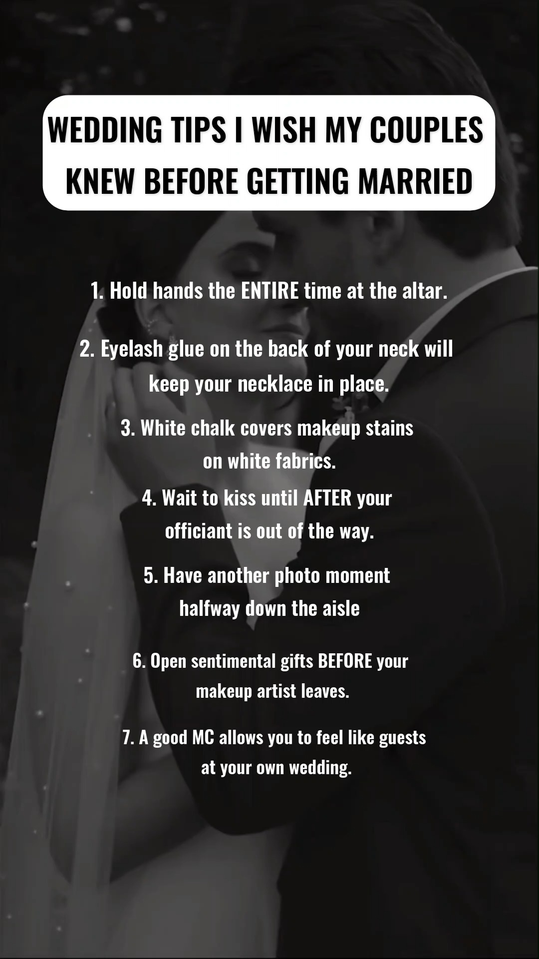 Wedding tips that seem small… until they save your day 🤍
Hold hands during the ceremony so you feel connected instead of nervous.
Plan little photo moments, like a pause or second kiss after walking back down the aisle.
Open sentimental gifts before makeup is fully wrapped, just in case the happy tears show up.
And please… do not underestimate a great MC.
The right MC keeps the day moving, handles the flow and lets you actually enjoy your own wedding instead of managing it.
Simple details. Big difference.
Save this for wedding planning.
Planning your wedding? DM us to check your date.
.
.
#WeddingPlanning #WeddingTips #WeddingAdvice #WeddingInspiration #BrideToBe #GroomToBe #WeddingDay #WeddingEntertainment #WeddingMC #WeddingReception