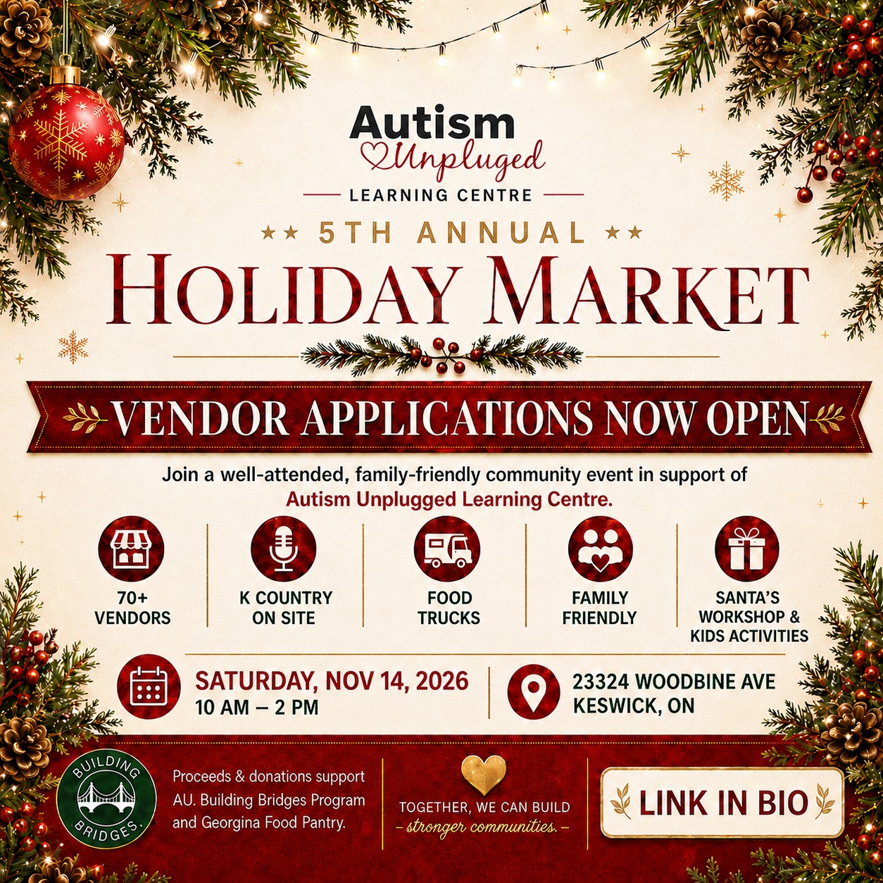 🎄 Vendor Applications & Sponsorship Opportunities Are Now Open! 🎄
Autism Unplugged Learning Centre is excited to announce that we are now accepting vendor applications and community sponsorships for our 5th Annual Holiday Market!
This festive, family-friendly event features:
✨ 70+ vendors
🎅 Santa’s Workshop
🎁 Local holiday shopping
🎨 Scheduled free kids’ activities throughout the day
🎶 Special guests
📻 K Country 93.7 advertising and on-site presence
💙 Community support for Autism Unplugged Learning Centre
This is a well-attended community event and a wonderful opportunity for local businesses, makers, crafters, and sponsors to be part of something meaningful this holiday season.
📅 Saturday, November 14, 2026
⏰ 10:00 AM – 2:00 PM
📍 Keswick, Ontario
Vendor spaces and sponsorship opportunities are limited.
👉 Apply now or contact us for more information. https://www.autismunplugged.ca/holidaymarket