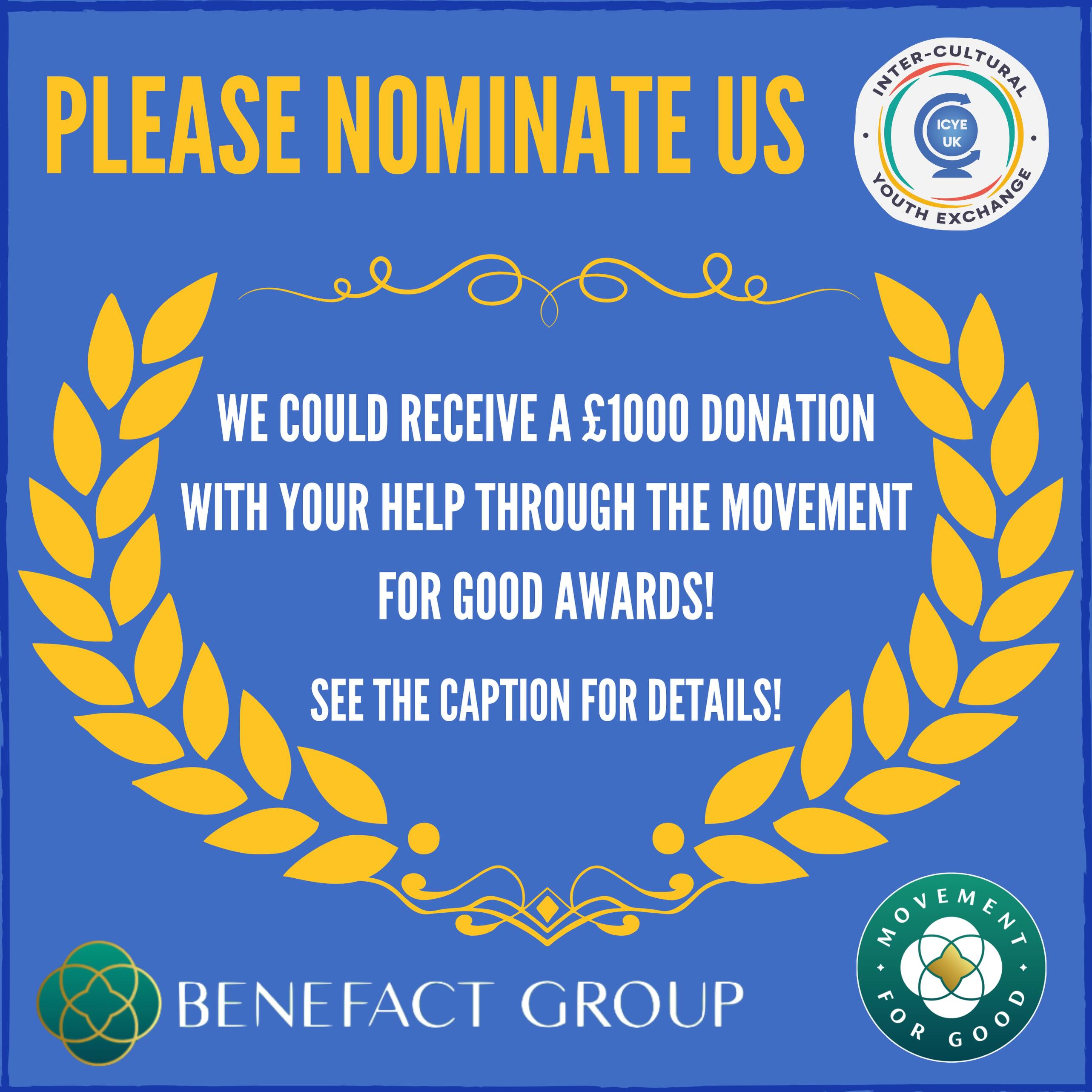 Great news! 🎉 Through their Movement for Good programme, the Benefact Group has once again pledged to donate over a million pounds to charities and good causes in 2026!
The next £1000 draw is coming up soon, and if you can spare just a couple of minutes, you could help ICYE UK be in with a chance of winning 🤞
To nominate us, simply head to the link below (direct link in our bio☝️), scroll down and click “Nominate a charity”, then search for and select ICYE UK (Inter-Cultural Youth Exchange) in the search bar. From there, choose “community” from the ‘charity type’ drop-down menu, enter your details, and click nominate! ✅
https://movementforgood.com/draws/1000
Nominating us just once will enter ICYE UK into all remaining £1000 draws taking place this year! 💙
This funding would really help us with our mission to continue providing young people with truly transformational intercultural experiences 🌍🌎🌏
A big thank you from ICYE UK for your support 🫶 and wish us luck! 🍀
#ICYEUK #ICYE #BenefactGroup #MovementForGood #SmallCharity