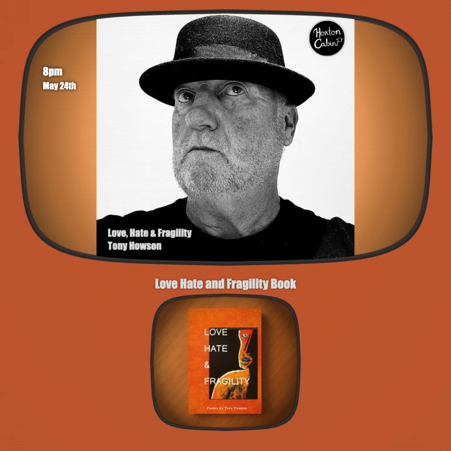 For a mix of poetry and live musicโจ
**Hoxton Cabin is the place to be on Sunday 24 May**
@howsontony launches his new book _Love, Hate & Fragility_ (out now on @press_dionysus) reading from the collection, Dylan covers on acoustic guitar, guest poets and musicians, a Q&A, and a proper book signing to finish. There's also space for an **open mic** bring something to read or play if you fancy it.
Cosy, conversational, candle-lit. Bring a friend, grab a drink, stay for the medley.
Doors 7:50pm. Show 8โ11pm. Free RSVP โ link in bio. hoxtoncabin.com
#poetry #spokenword #booklaunch #openmic #LondonPoetry LoveHateFragility TonyHowson DionysusPress HoxtonCabin ShoreditchPoetry livemusiclondon