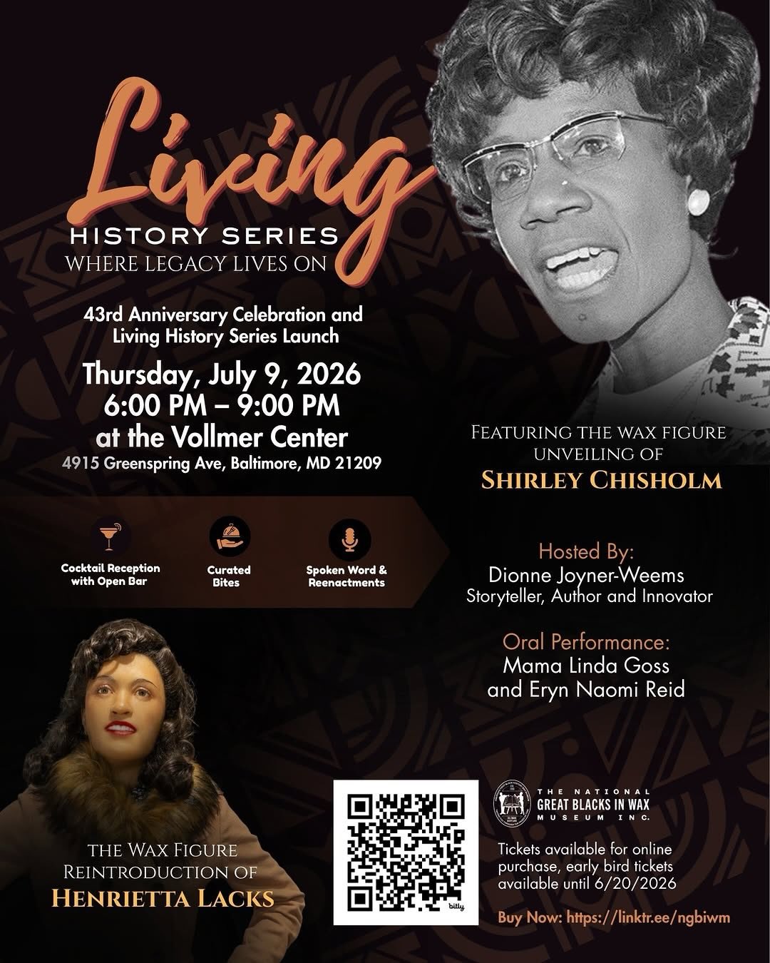 Some places are more than museums.
They are proof that our stories survived.🔥
For 43 years, The National Great Blacks In Wax Museum has protected Black history, Black truth, and Black legacy — often at great personal sacrifice.
That’s why this event means so much to me.♥️
On July 9th, I’m honored to host the Museum’s 43rd Anniversary Celebration & Living History Series Launch featuring:
✨ The unveiling of the Shirley Chisholm wax figure
✨ The return of Henrietta Lacks
✨ Spoken word, reenactments, cocktails + community
If you believe our stories matter, support the people who’ve spent decades protecting them.
🎟️ Tickets + sponsorships:
https://bit.ly/3R1vvgv
#thenationalgreatblacksinwaxmuseum
#supportneeded
#dionnejoynerweems
#mybmore