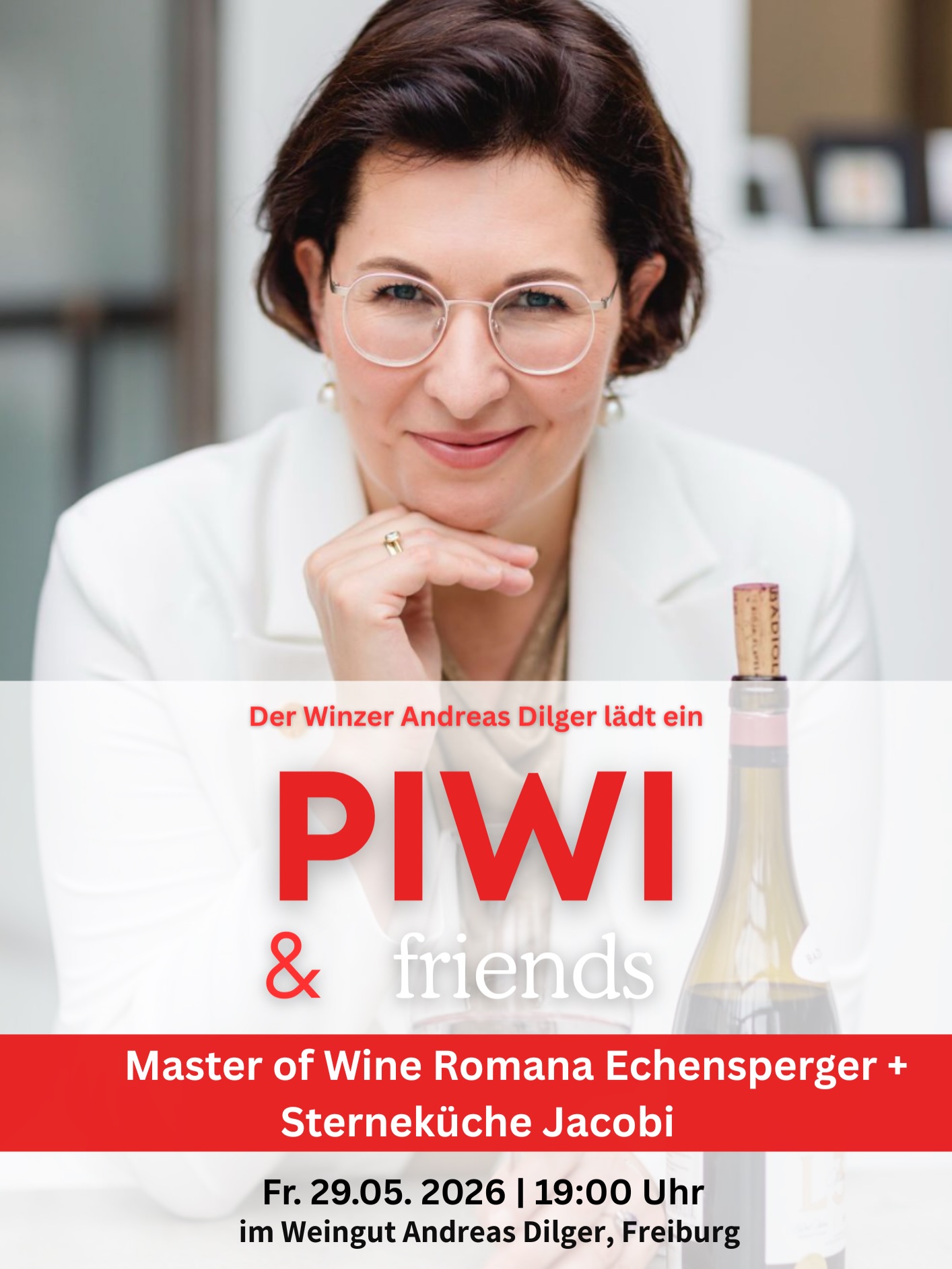 Master of Wine trifft PIWI & friends 🍷
Am Freitag, 29.05.2026 begrüßen wir Romana Echensperger im Weingut Andreas Dilger.
Eine der wenigen Masters of Wine Deutschlands, Sommelière im ehemaligen Drei-Sterne-Restaurant Vendôme, internationale Weinexpertin – und mit besonderer Leidenschaft für PIWIs, Naturweine und ökologischen Weinbau.
Freut euch auf einen entspannten und gleichzeitig spannenden Abend mit sechs Weinen und drei Grüßen aus der Küche des Freiburger Sternerestaurants Jacobi.
🗓 Freitag, 29.05.2026
🕖 19:00 Uhr
📍 Weingut Andreas Dilger, Urachstraße Freiburg
💶 55 € p. P. | Mitglieder Solidarischer Weinberg 50 €
⏳ ca. 2 Stunden
⚠️ Begrenzte Plätze
Jetzt anmelden unter: info@weingut-andreas-dilger.de