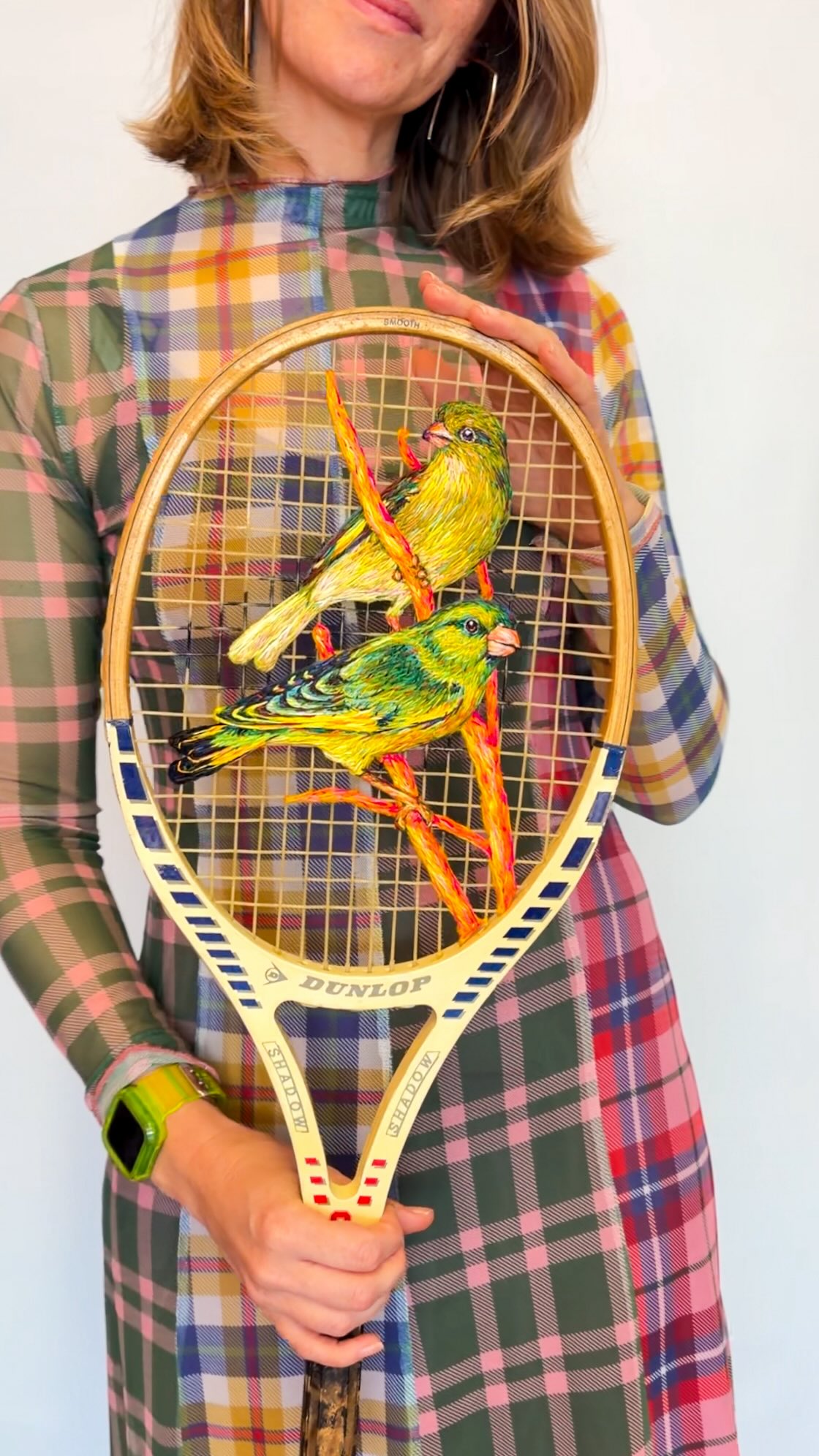Chloris chloris 🦜💚🪡🏸
I’ve been obsessing over acid greens and sunflower yellow, and had to indulge by stitching this pair of green finches for the next collection of rackets. I have so much to say about these beautiful songbirds, but those are words for another post.
It was such a kismet delight to see my beautiful friend @lorraineloots share a painting she did of a finch as I opened Instagram to share this. (I love how our stars bump Lor!) pop over to her page to have your eyes massaged with awe.
My next collection of rackets will be going online soon to mark 10 years of the What a Racket series! Newsletter friends get the goss first.
*handle still to be wrapped in a custom dyed leather
#embroidery #upcycle #fibreart #whataracket #needleandthread