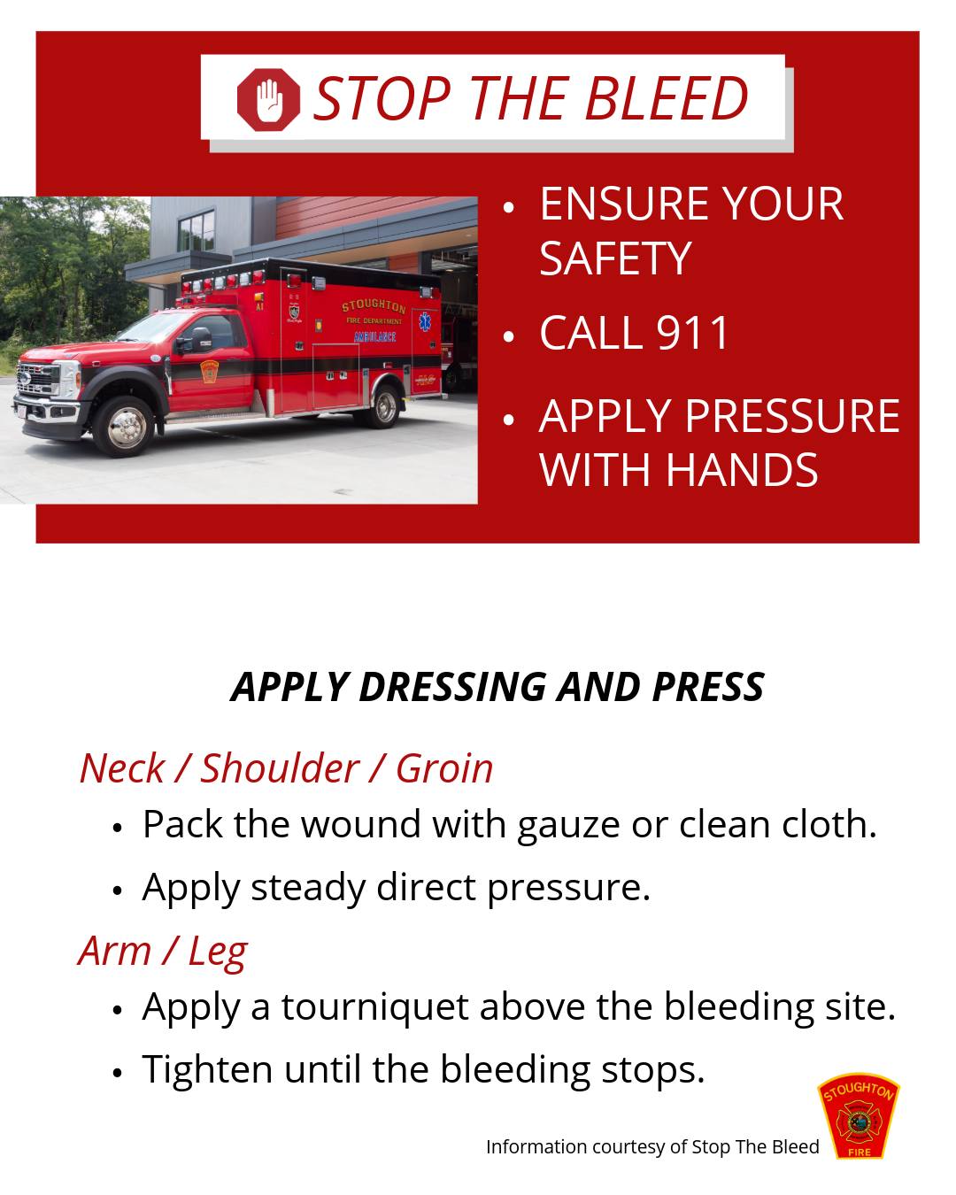 Do you know how to stop bleeding after an injury?
1. Ensure your safety
2. Call 911
3. Apply pressure with hands
4. Apply dressing and press
#SFD #StopTheBleed #FirstAid